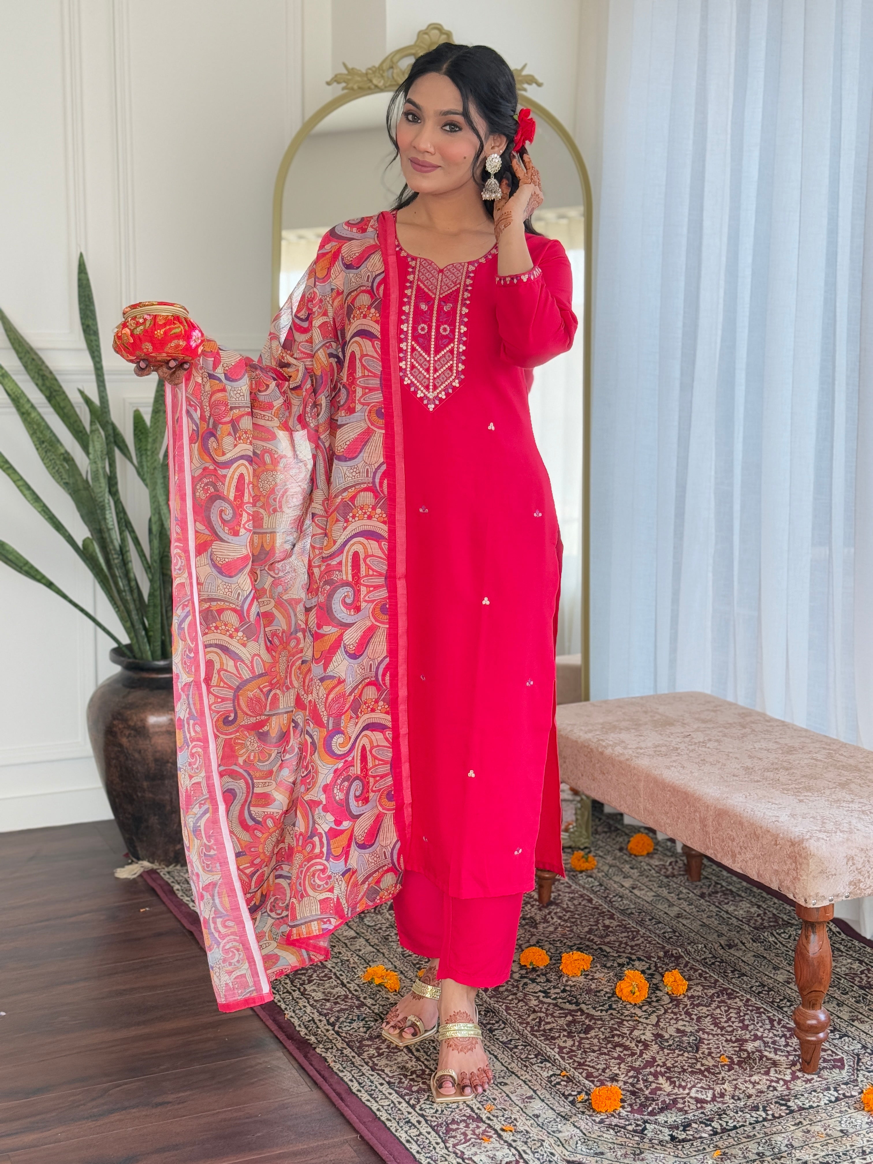 Fabulous Pink Color Rayon With Embroidery Work Beautiful Kurta Set
