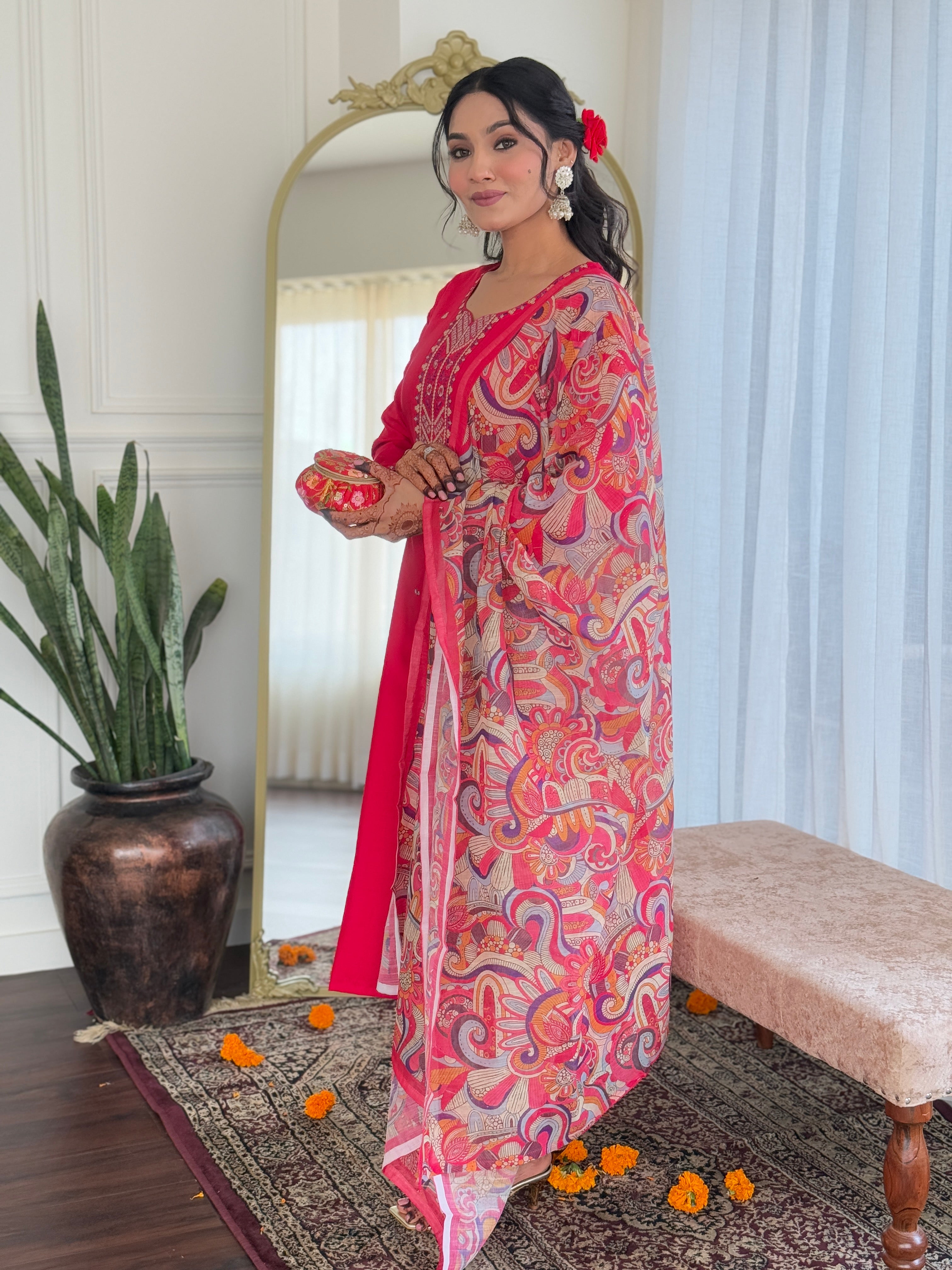 Fabulous Pink Color Rayon With Embroidery Work Beautiful Kurta Set