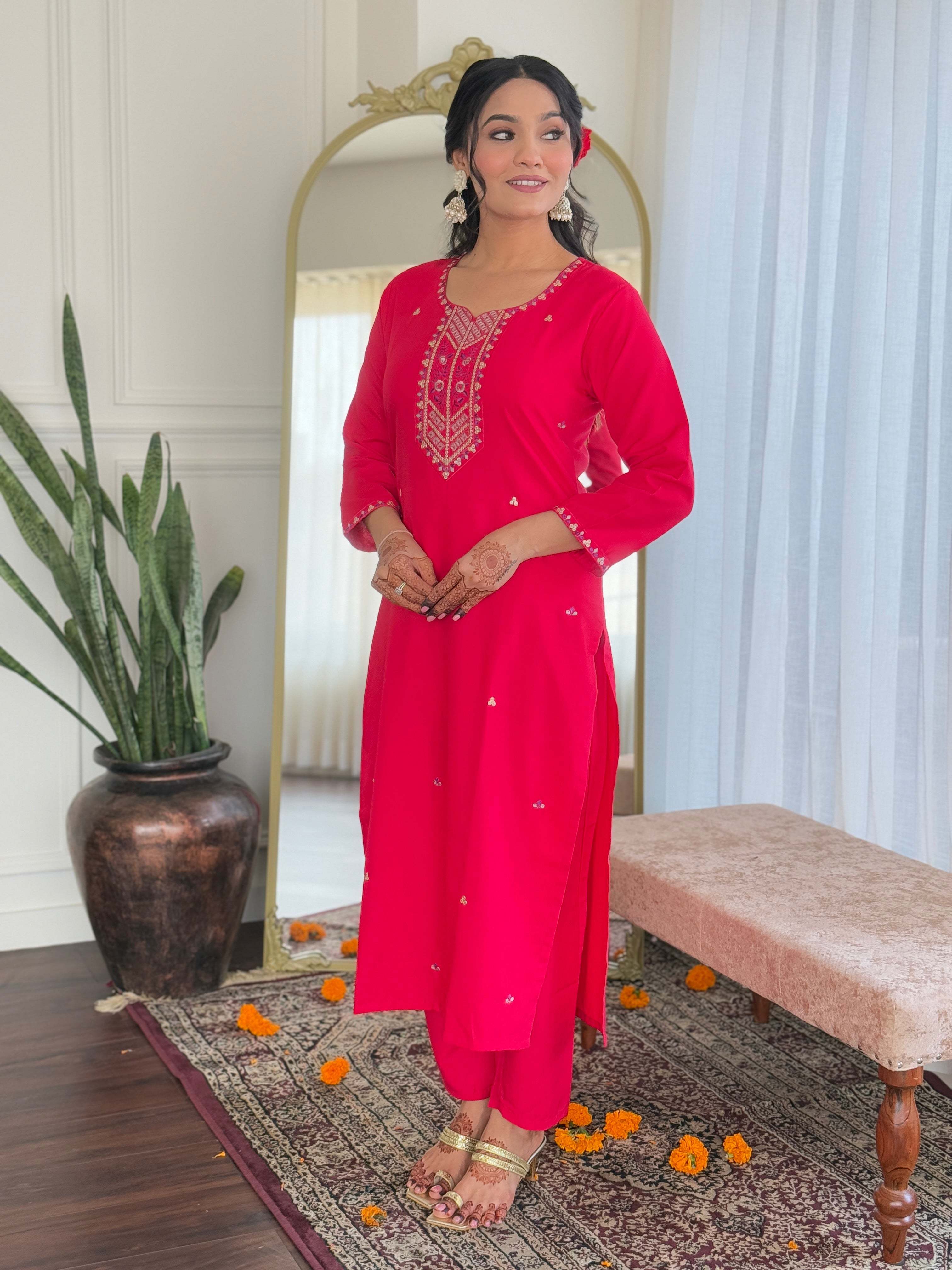 Fabulous Pink Color Rayon With Embroidery Work Beautiful Kurta Set