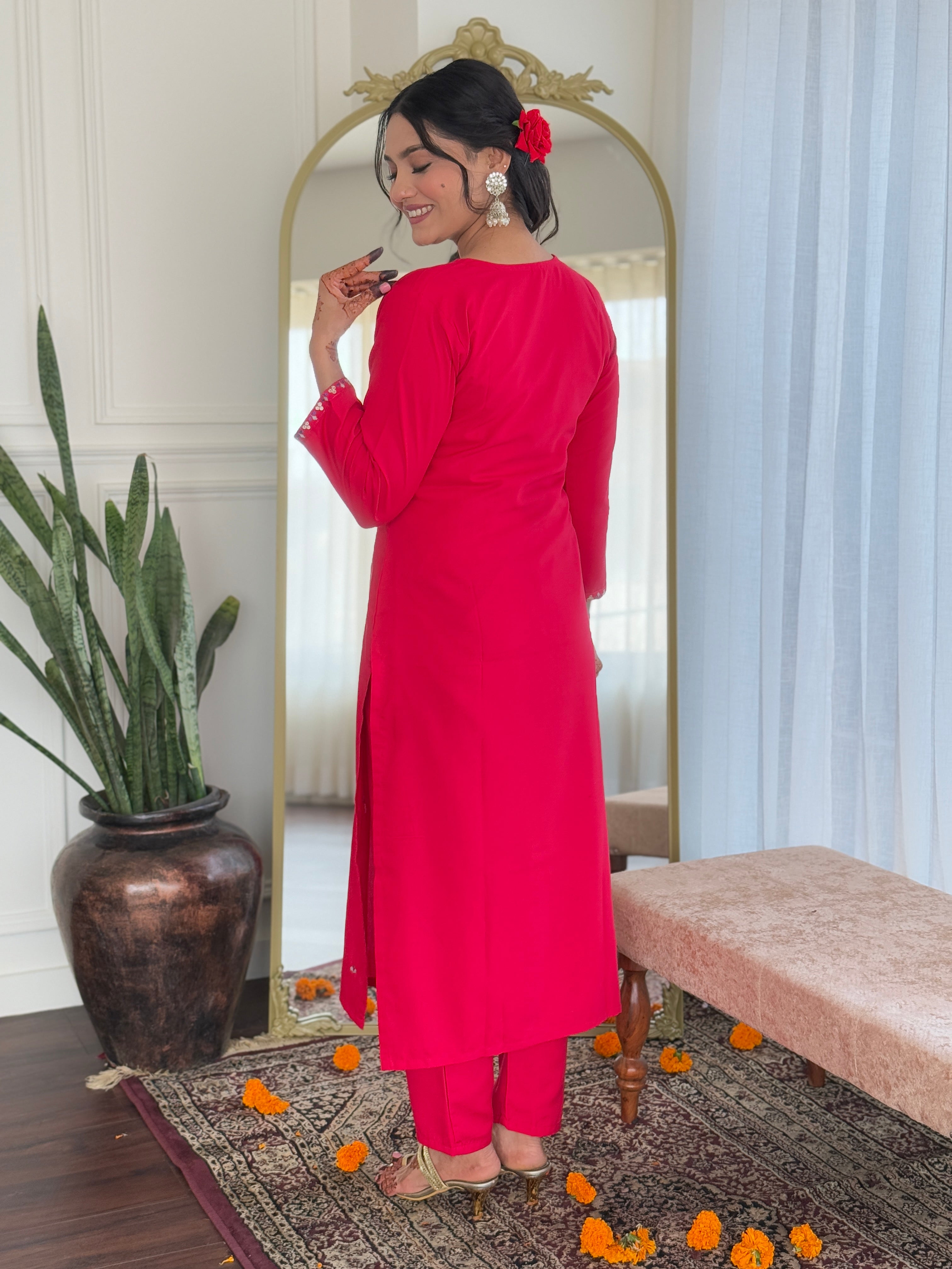 Fabulous Pink Color Rayon With Embroidery Work Beautiful Kurta Set