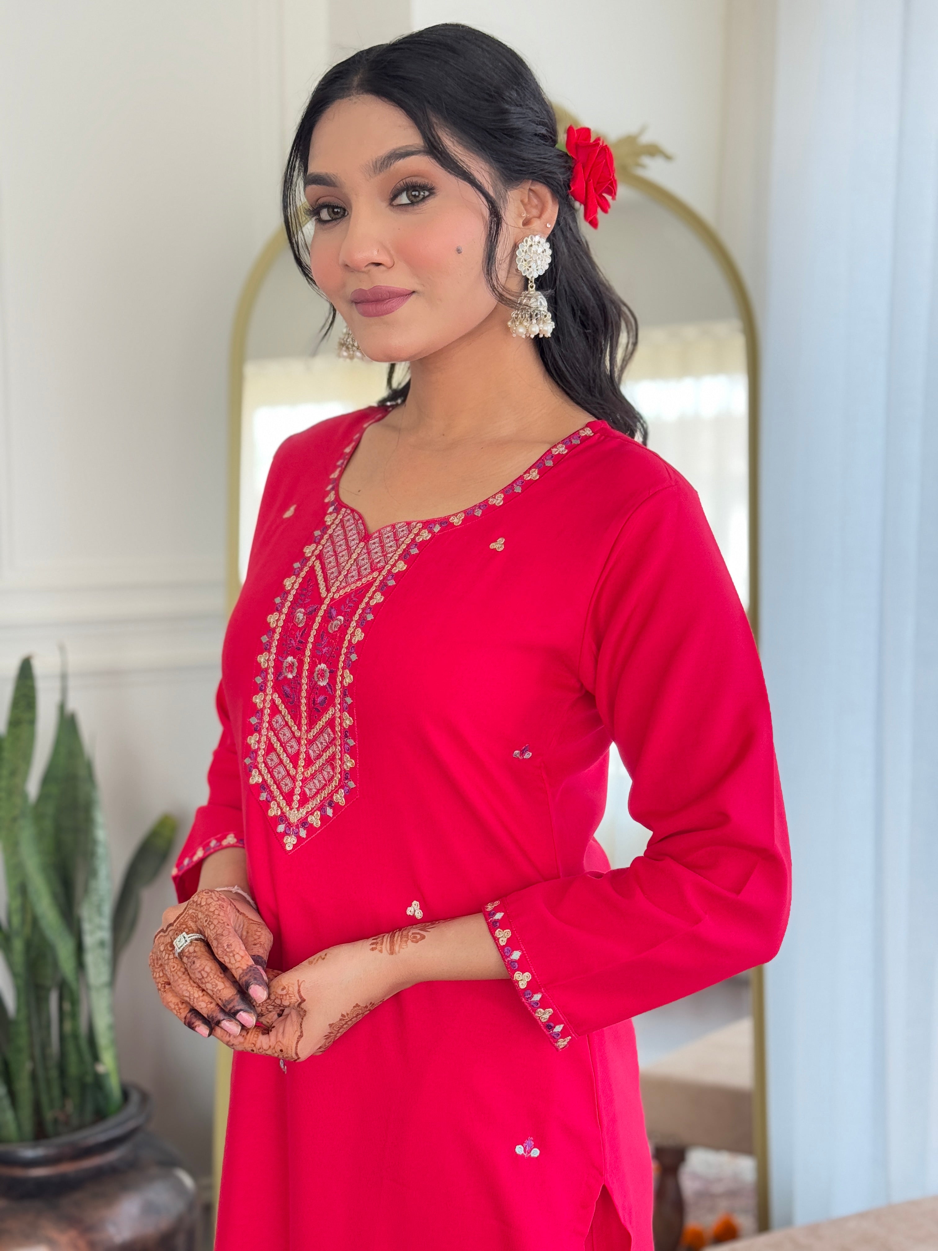 Fabulous Pink Color Rayon With Embroidery Work Beautiful Kurta Set