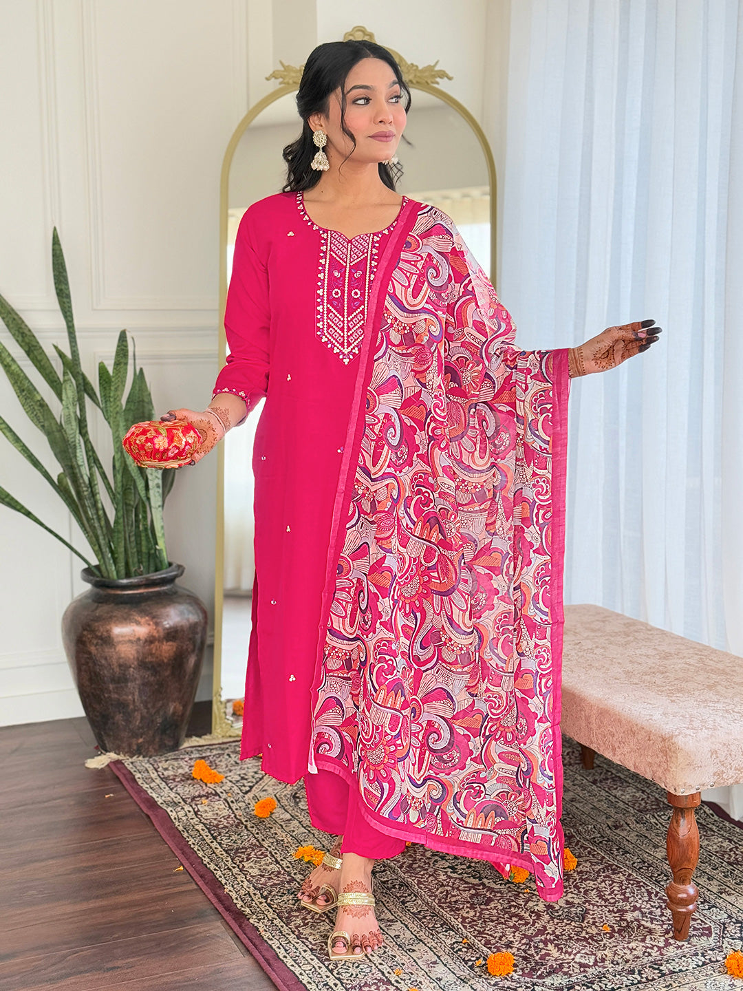 Fabulous Pink Color Rayon With Embroidery Work Beautiful Kurta Set