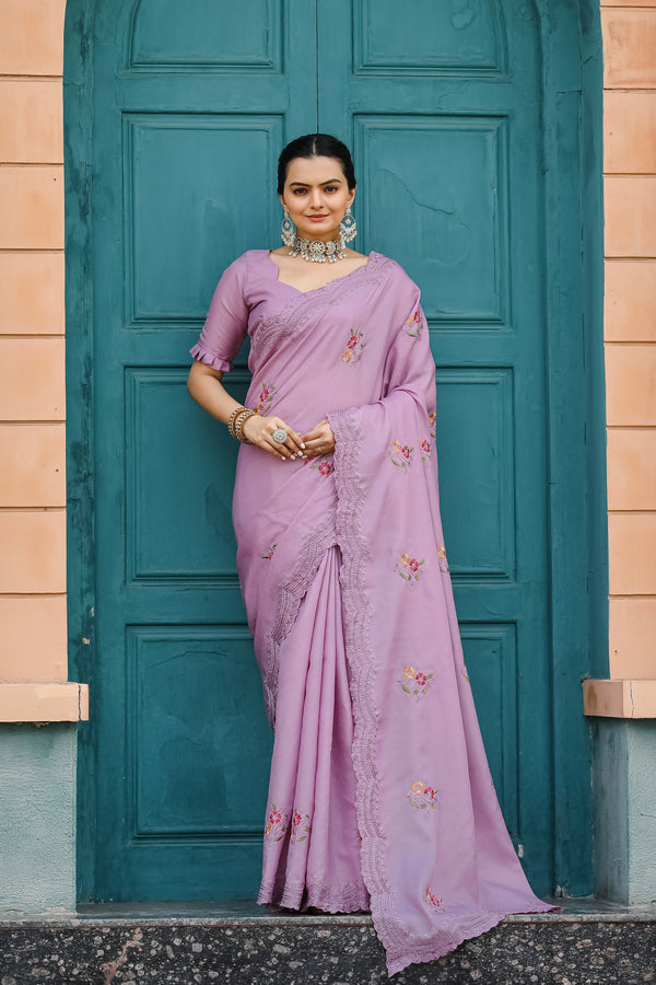 Floral Embroidery Cutwork Lavender Color Saree