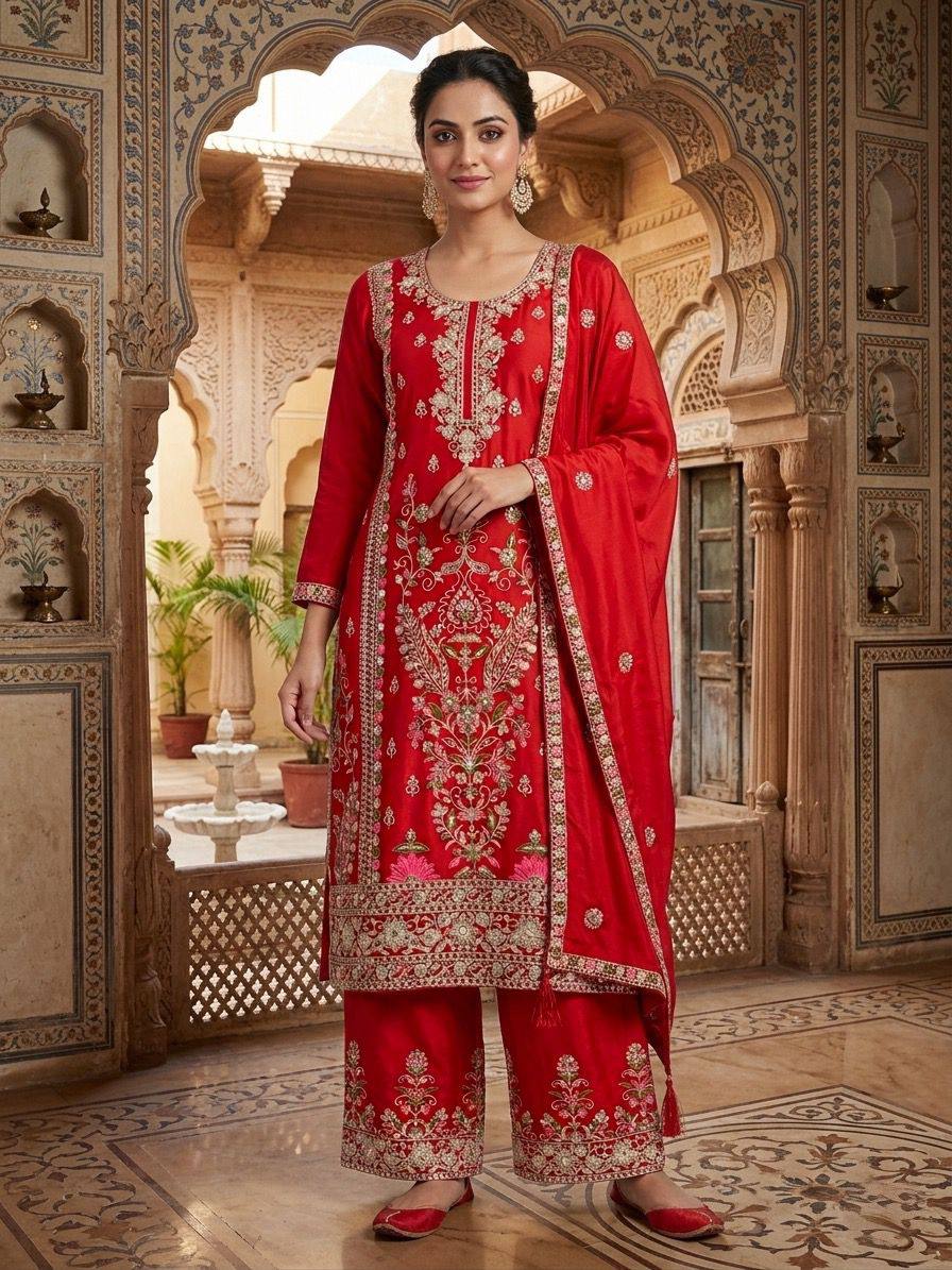 Luxuriant Red Color Embroidered Coding Sequence Work Palazzo Suit ...