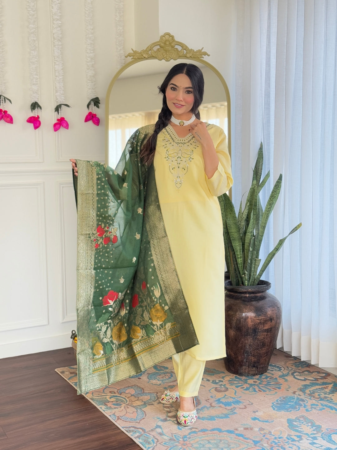 Captivating Yellow Color Viscose Chanderi Silk Embroidery Work Beautiful Kurta Set