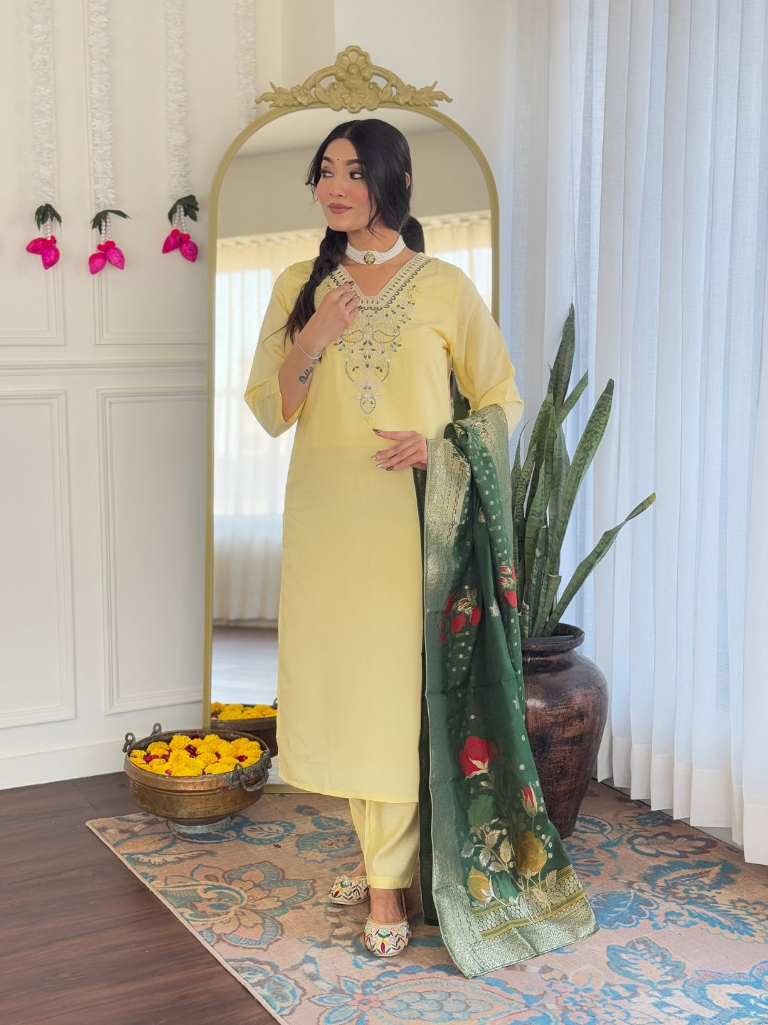 Captivating Yellow Color Viscose Chanderi Silk Embroidery Work Beautiful Kurta Set