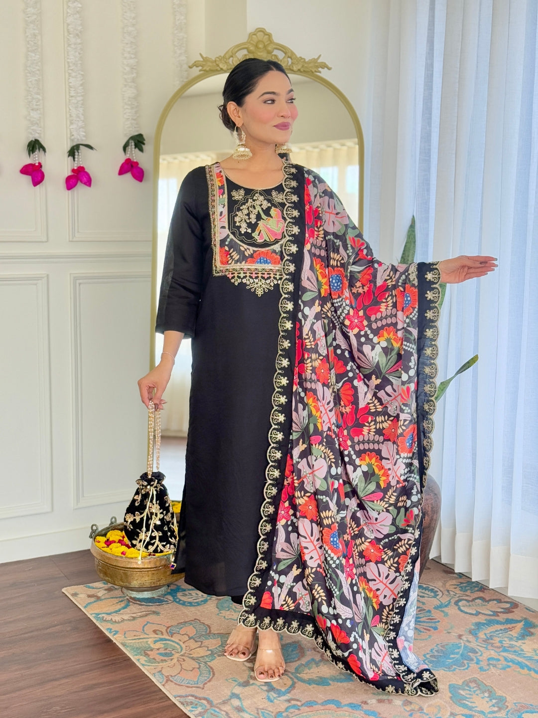 Classic Black Color Viscose Chanderi With Embroidery Work Designer kurta Set