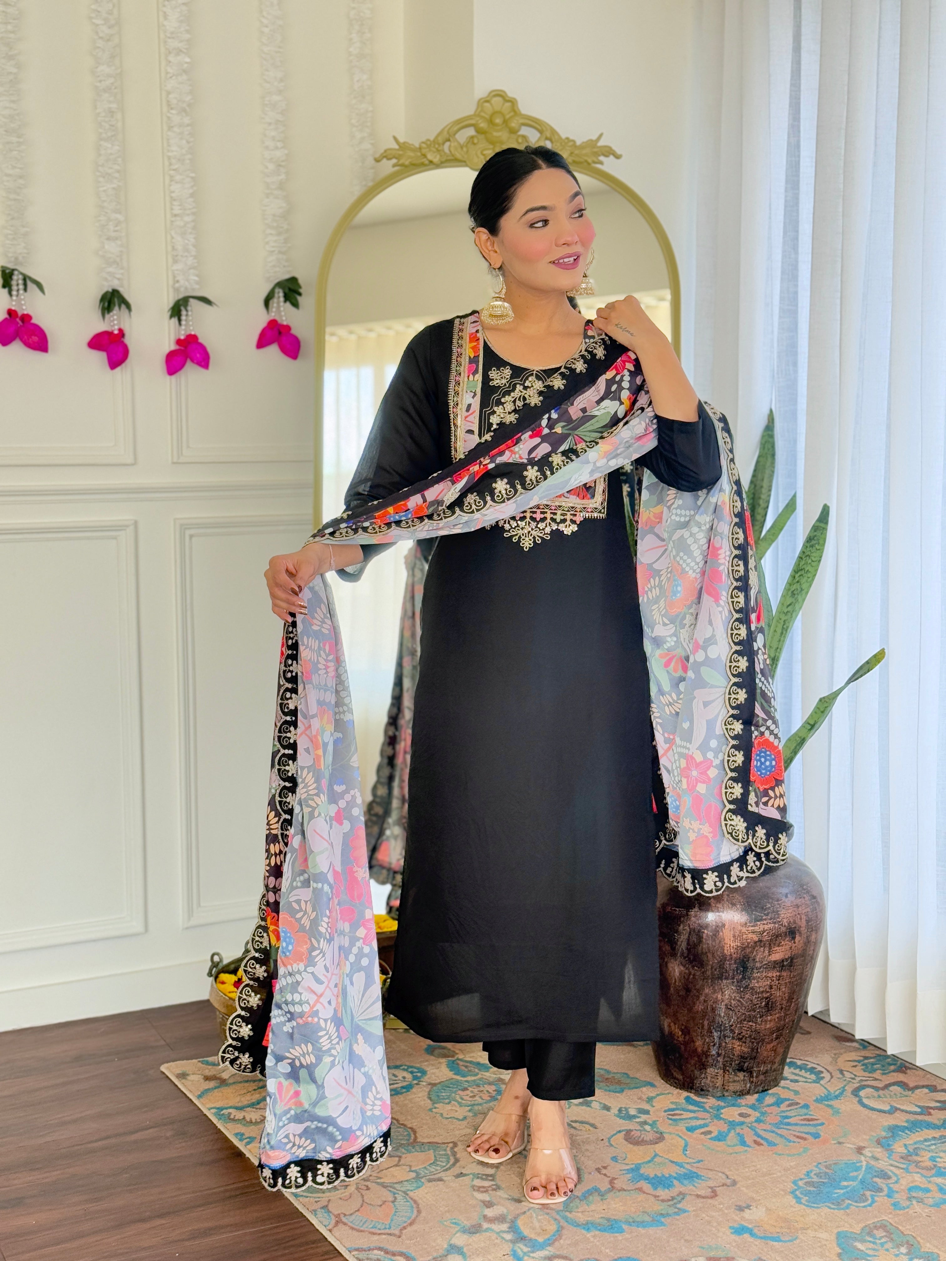 Classic Black Color Viscose Chanderi With Embroidery Work Designer kurta Set