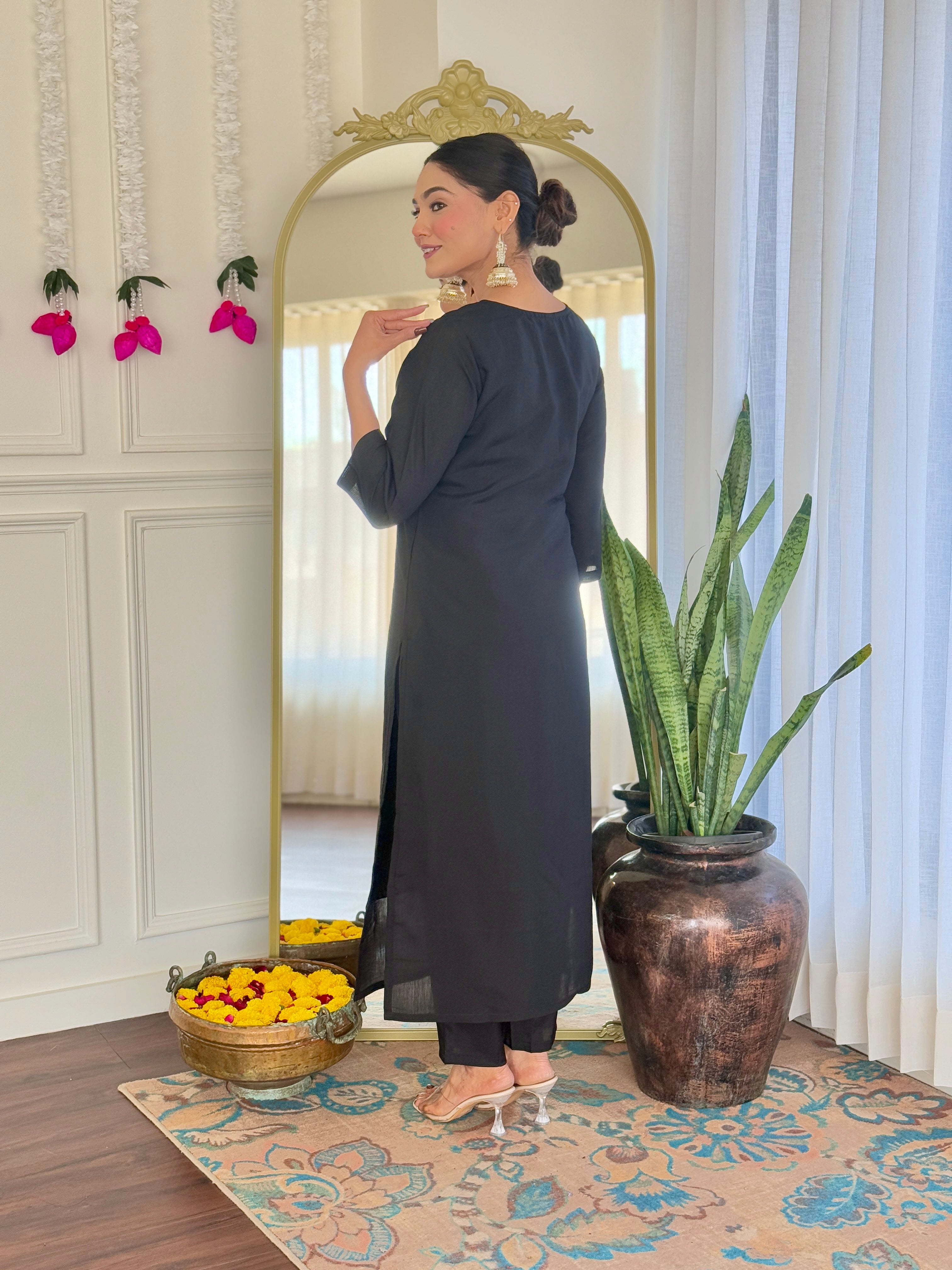 Classic Black Color Viscose Chanderi With Embroidery Work Designer kurta Set