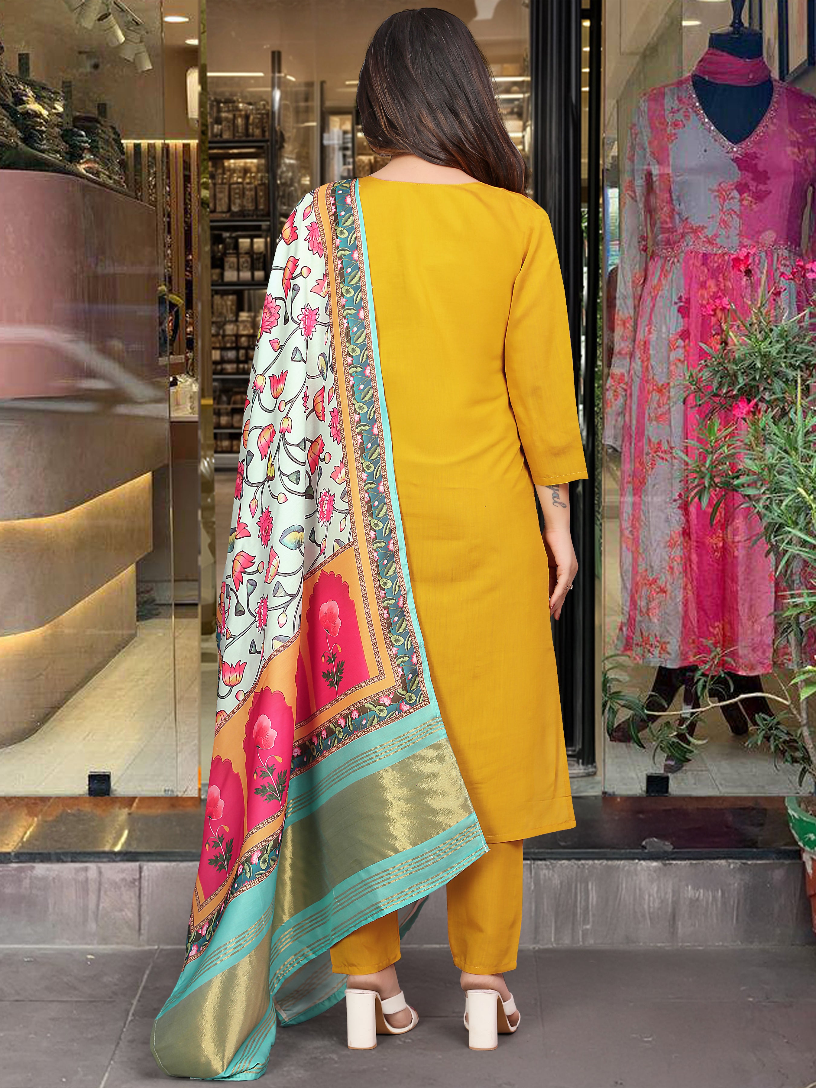 Wedding Wear Mustard Color Viscose Chanderi With Embroidery Work Kurta Set