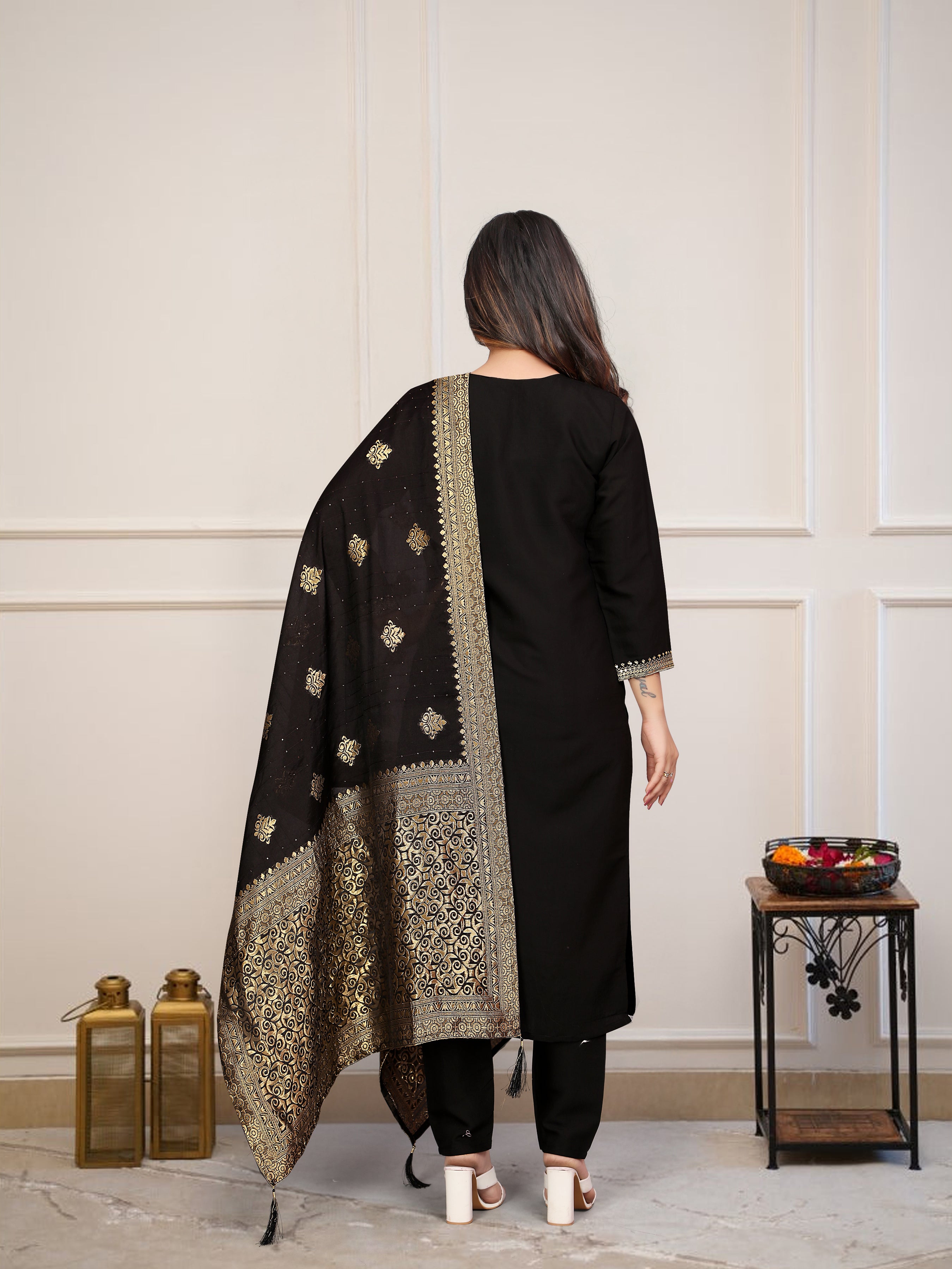 Captivating Black Color Viscose Chanderi With Embroidered Work Kurta Set