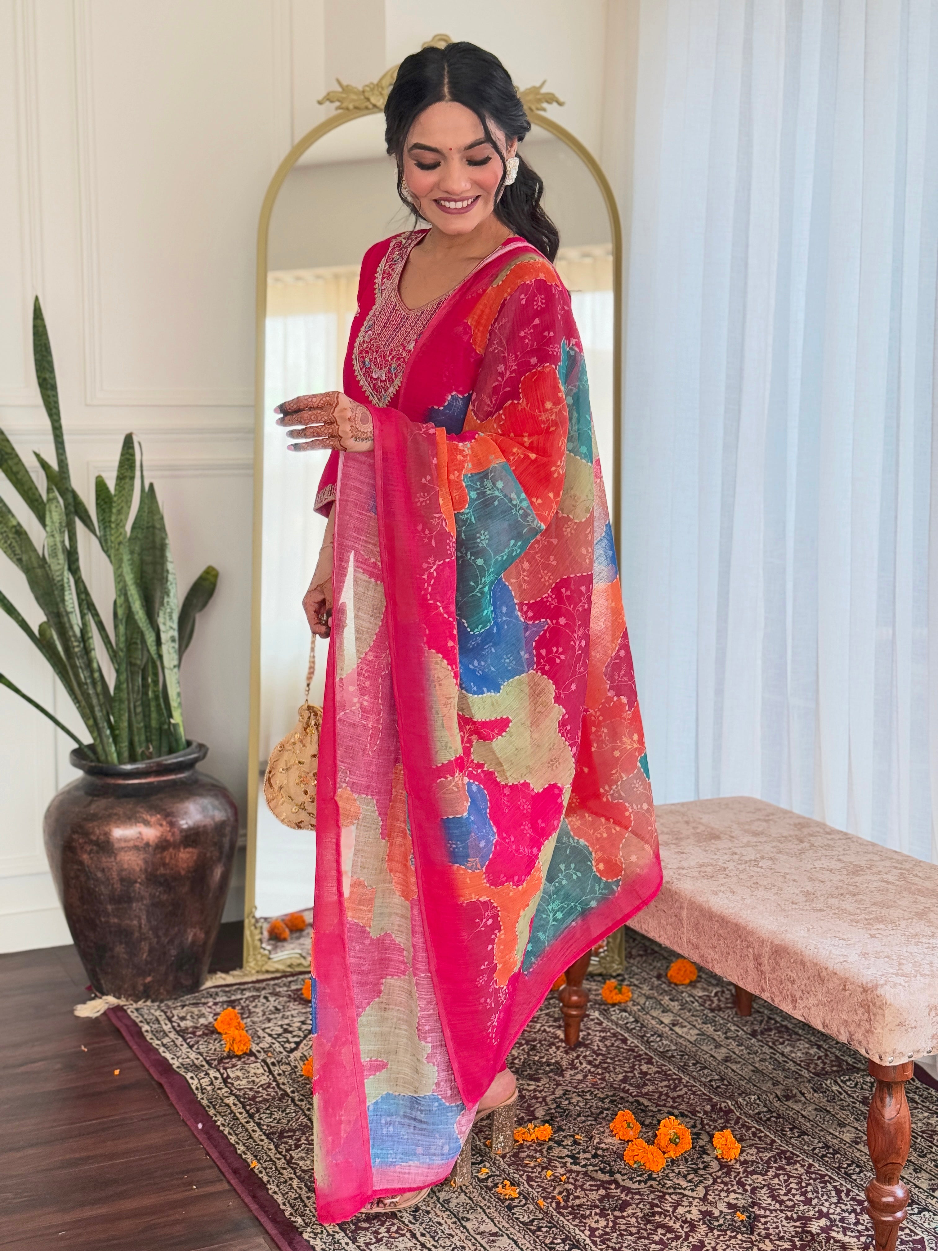 Mesmerizing Pink Color Viscose Chanderi With Embroidery Work Designer Gown