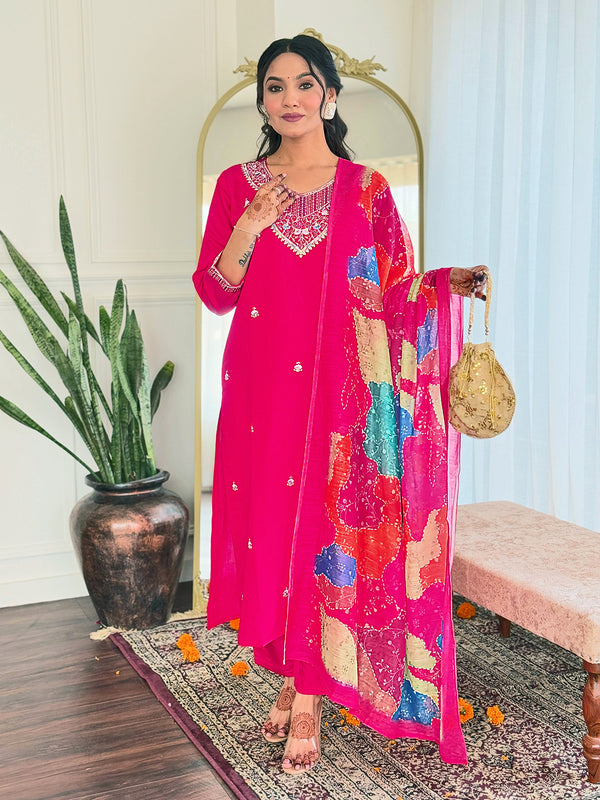 Mesmerizing Pink Color Viscose Chanderi With Embroidery Work Designer Gown