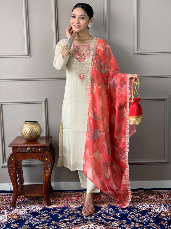 Party Wear Cream Color Gold Chanderi Silk with Lining Embroidered Straight Kurta Set
