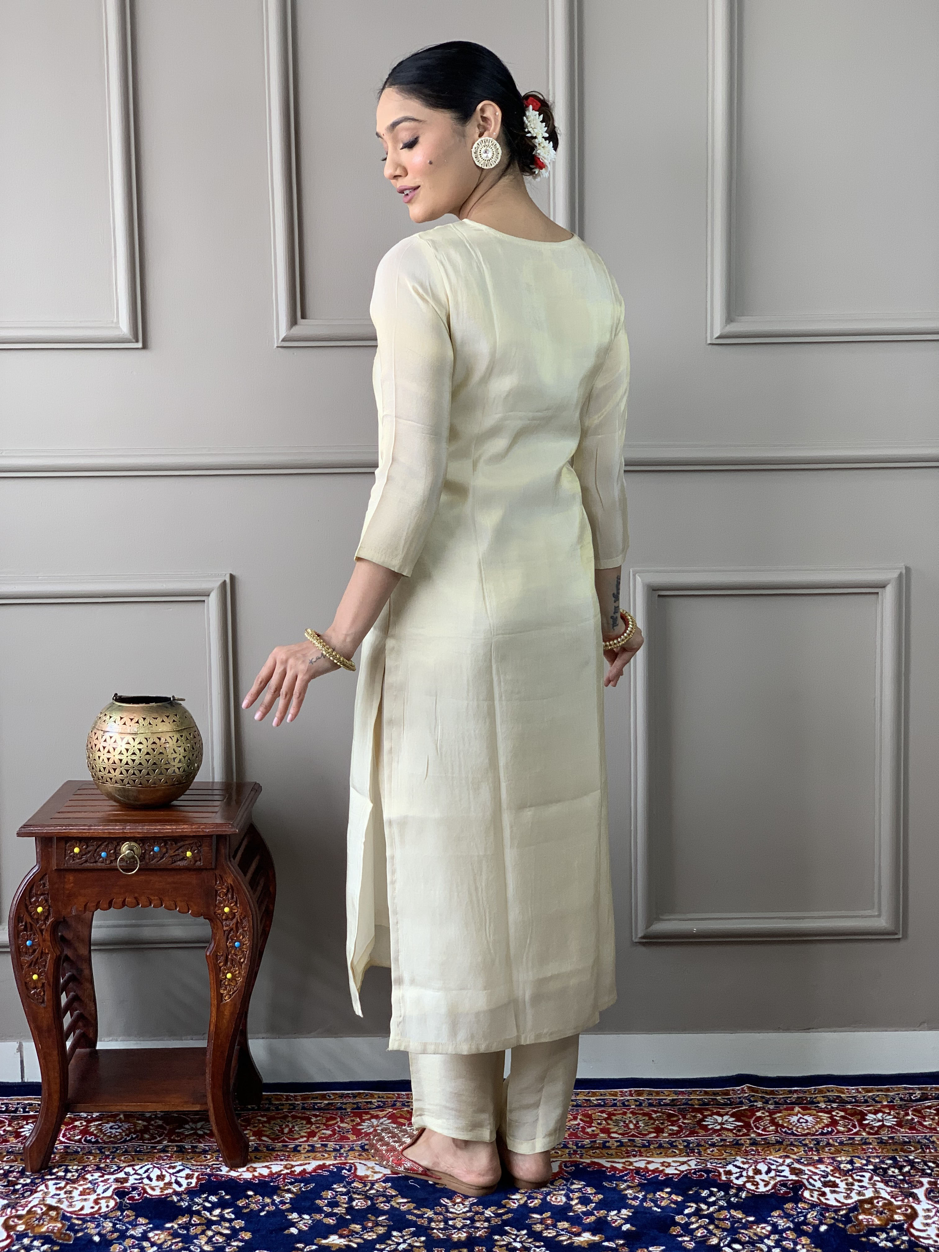 Party Wear Cream Color Gold Chanderi Silk with Lining Embroidered Straight Kurta Set