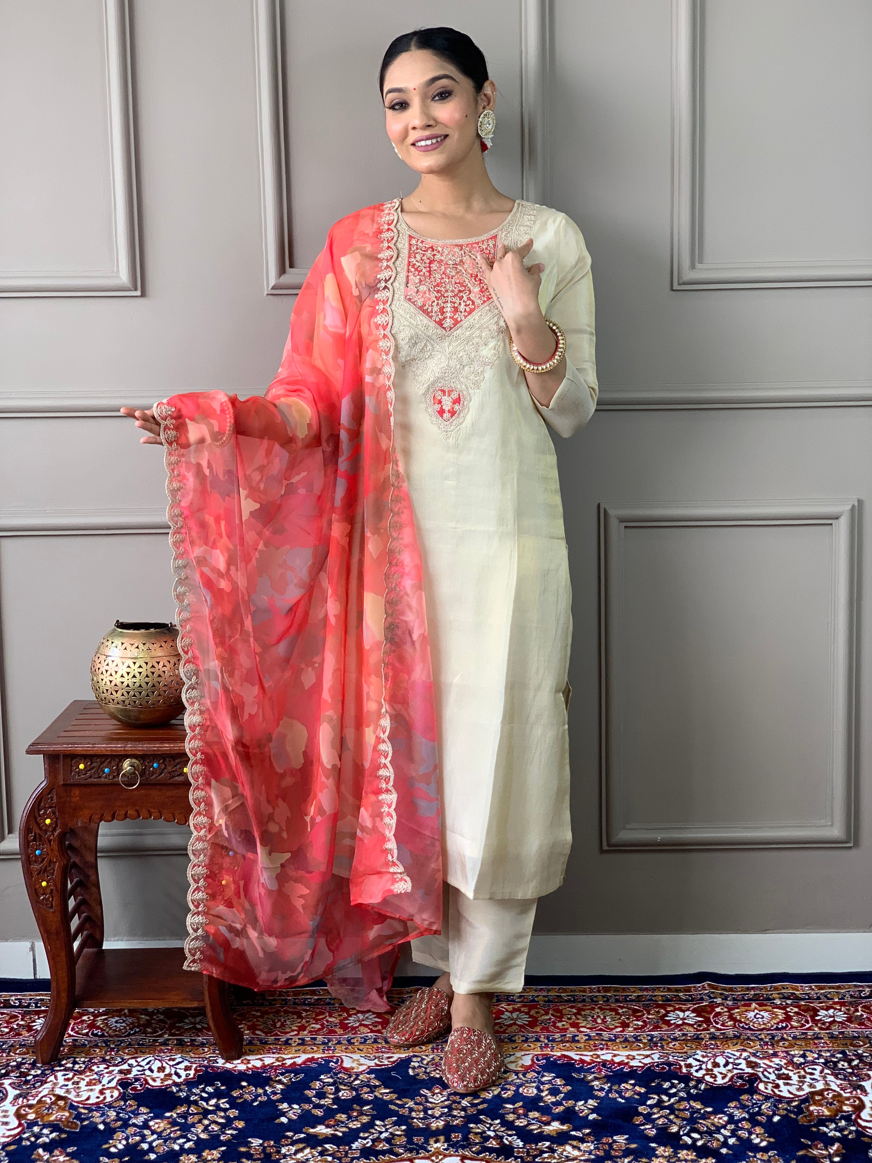 Party Wear Cream Color Gold Chanderi Silk with Lining Embroidered Straight Kurta Set