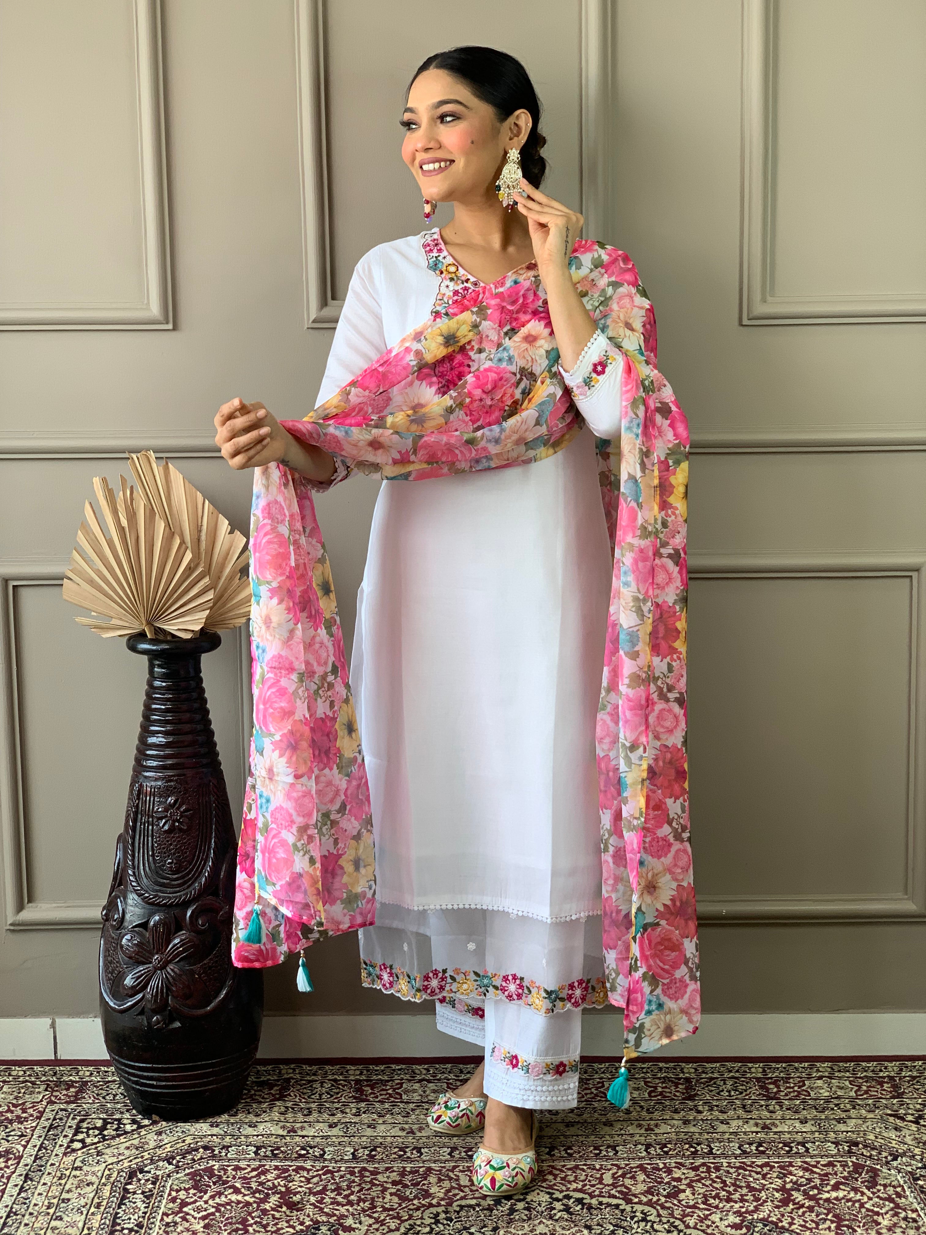 Wedding Wear Off White Chanderi With Cotton Lining Embroidered Straight Kurta Set