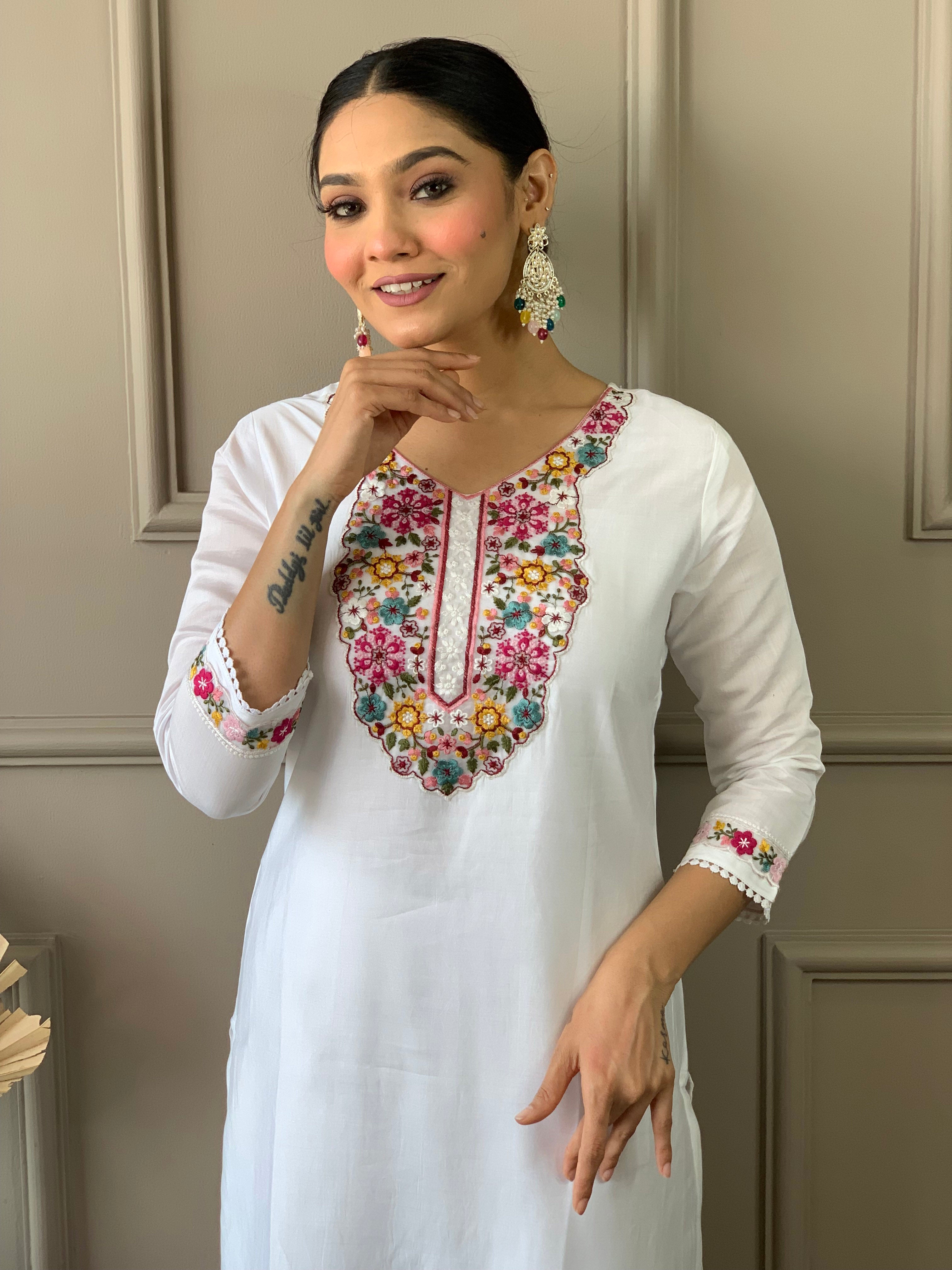 Wedding Wear Off White Chanderi With Cotton Lining Embroidered Straight Kurta Set