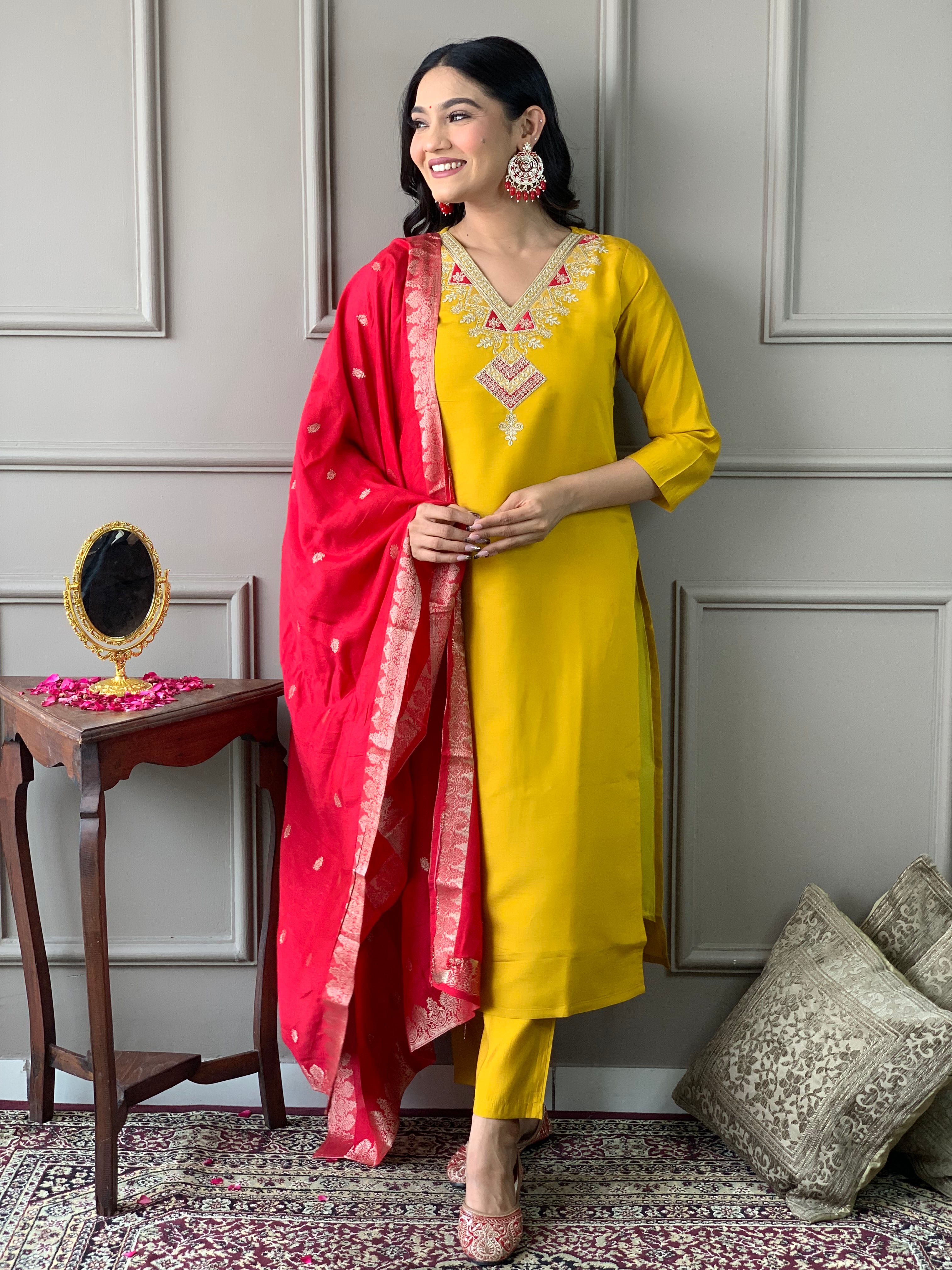 Dazzling Mustard Color Chanderi With full Cotton Lining Embroidered Straight Kurta Set