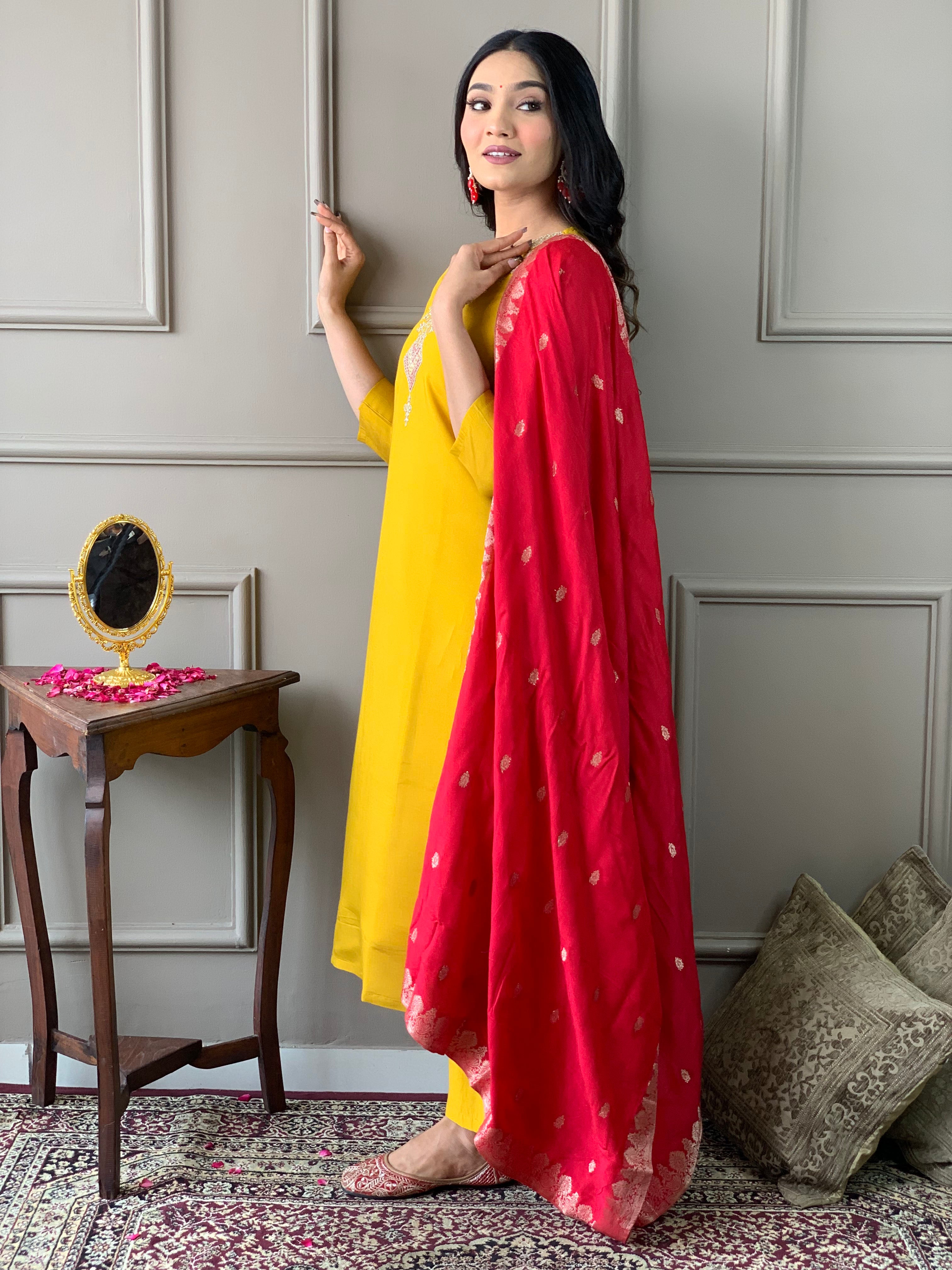 Dazzling Mustard Color Chanderi With full Cotton Lining Embroidered Straight Kurta Set