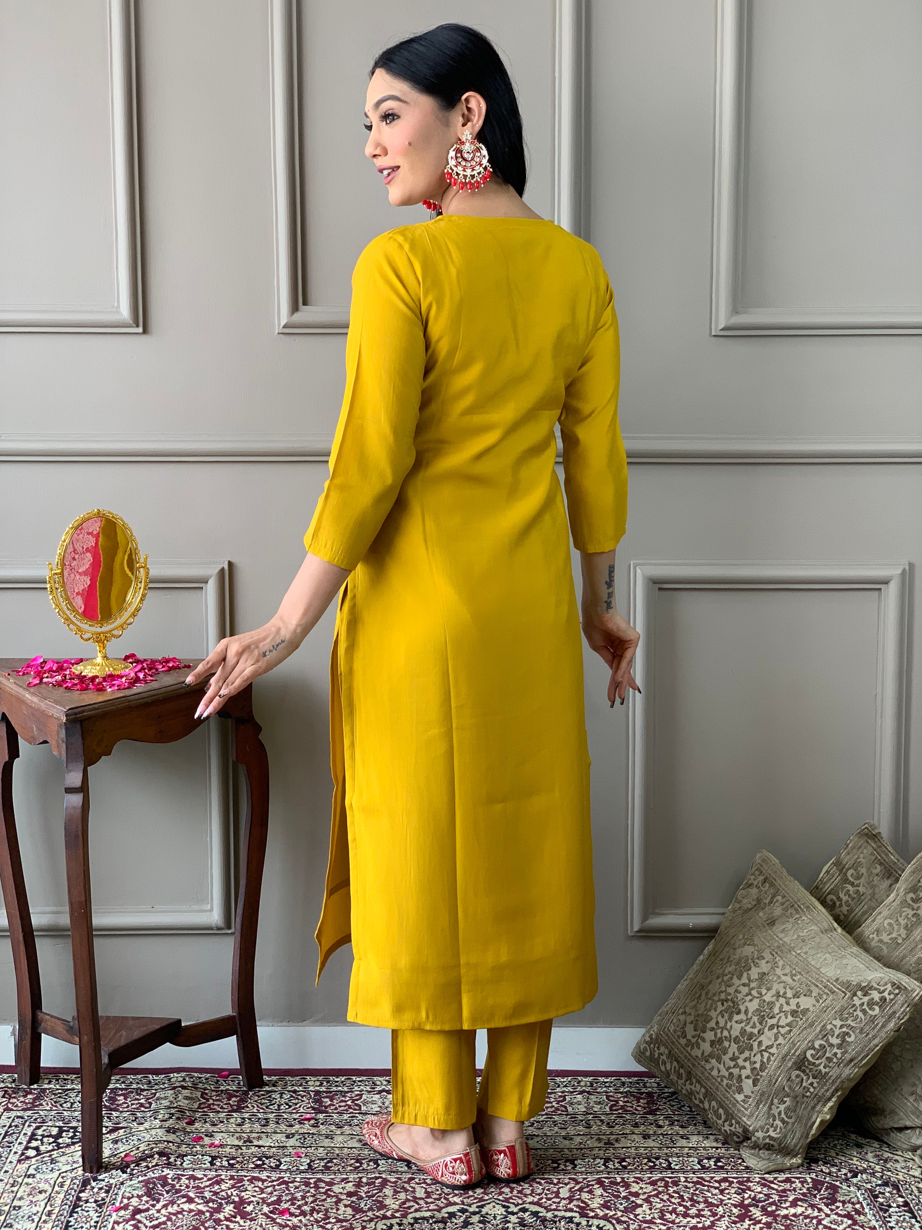 Dazzling Mustard Color Chanderi With full Cotton Lining Embroidered Straight Kurta Set