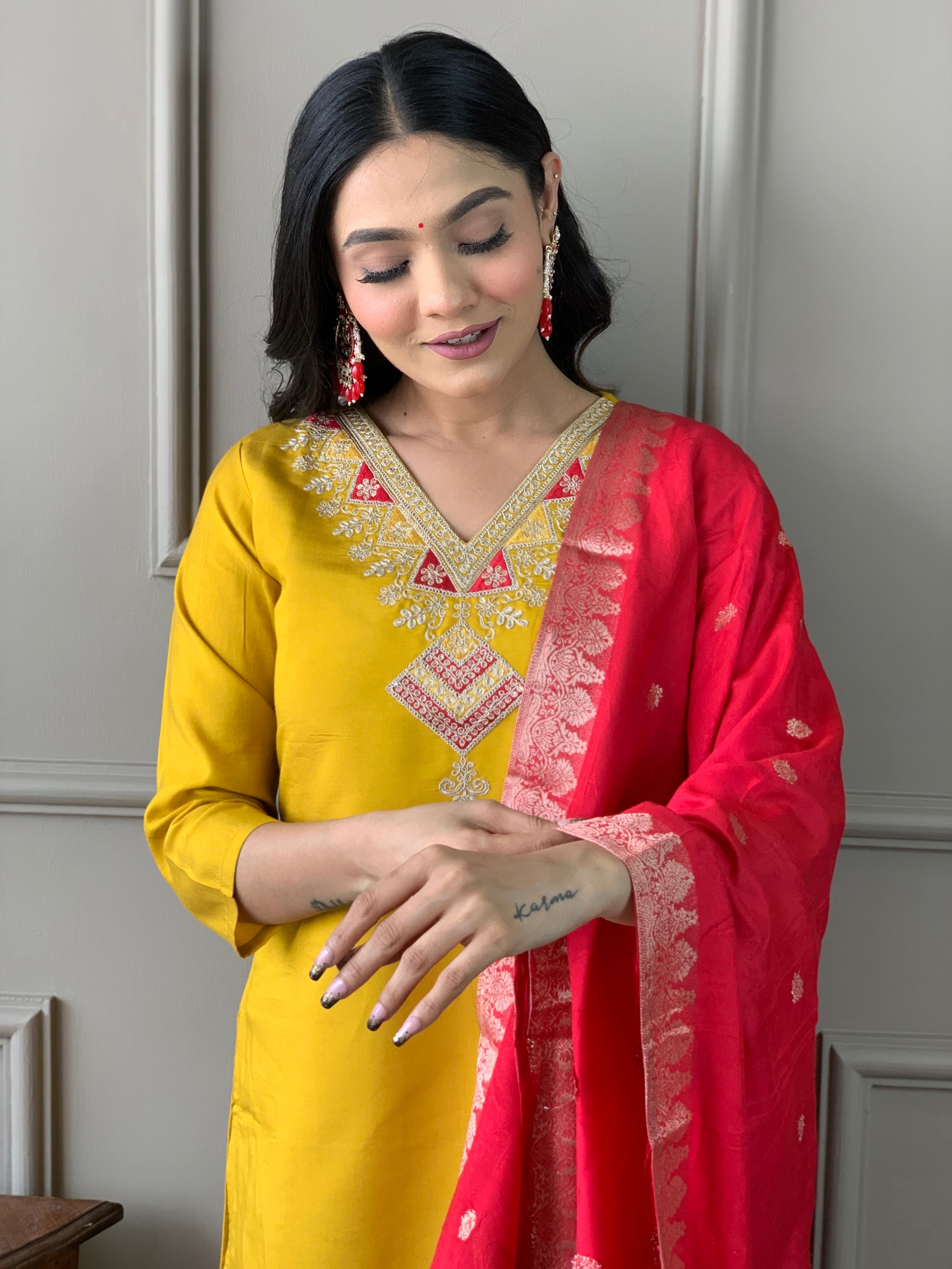 Dazzling Mustard Color Chanderi With full Cotton Lining Embroidered Straight Kurta Set