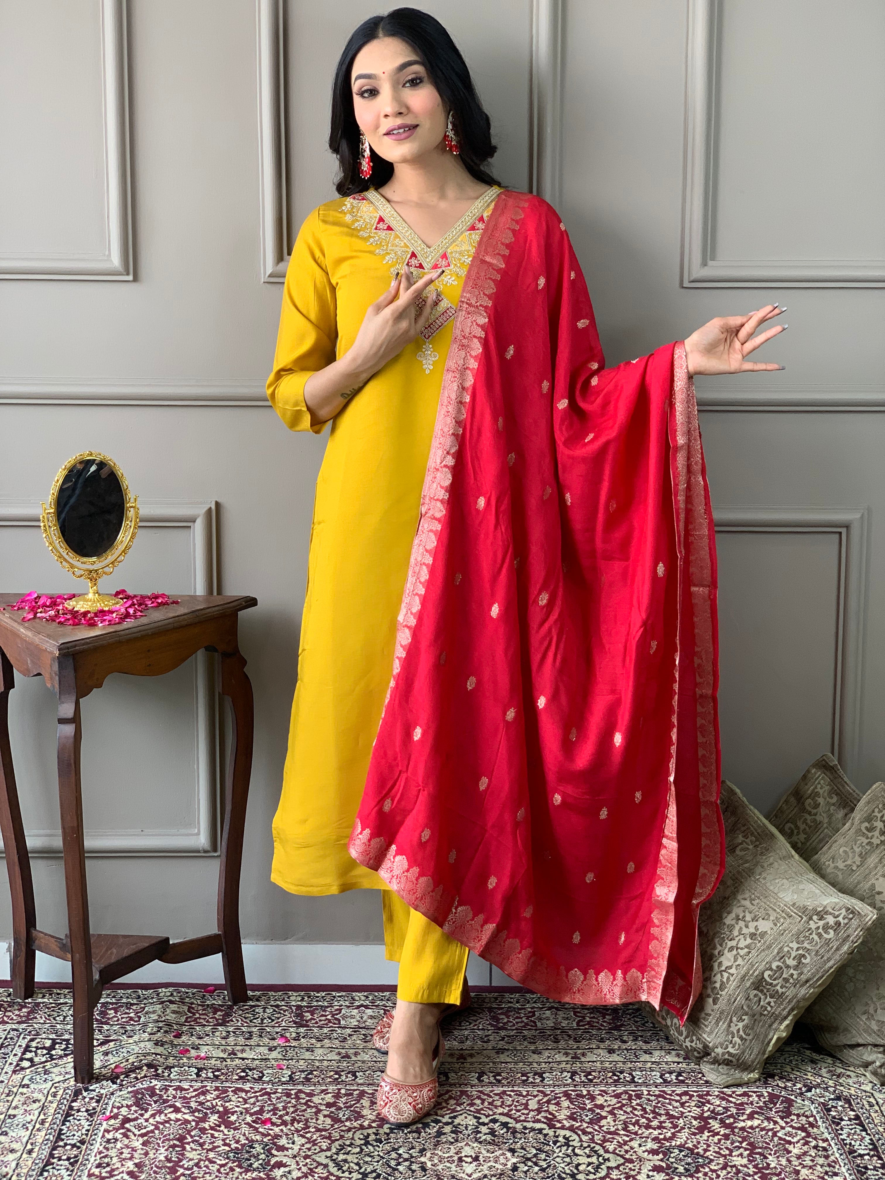 Dazzling Mustard Color Chanderi With full Cotton Lining Embroidered Straight Kurta Set