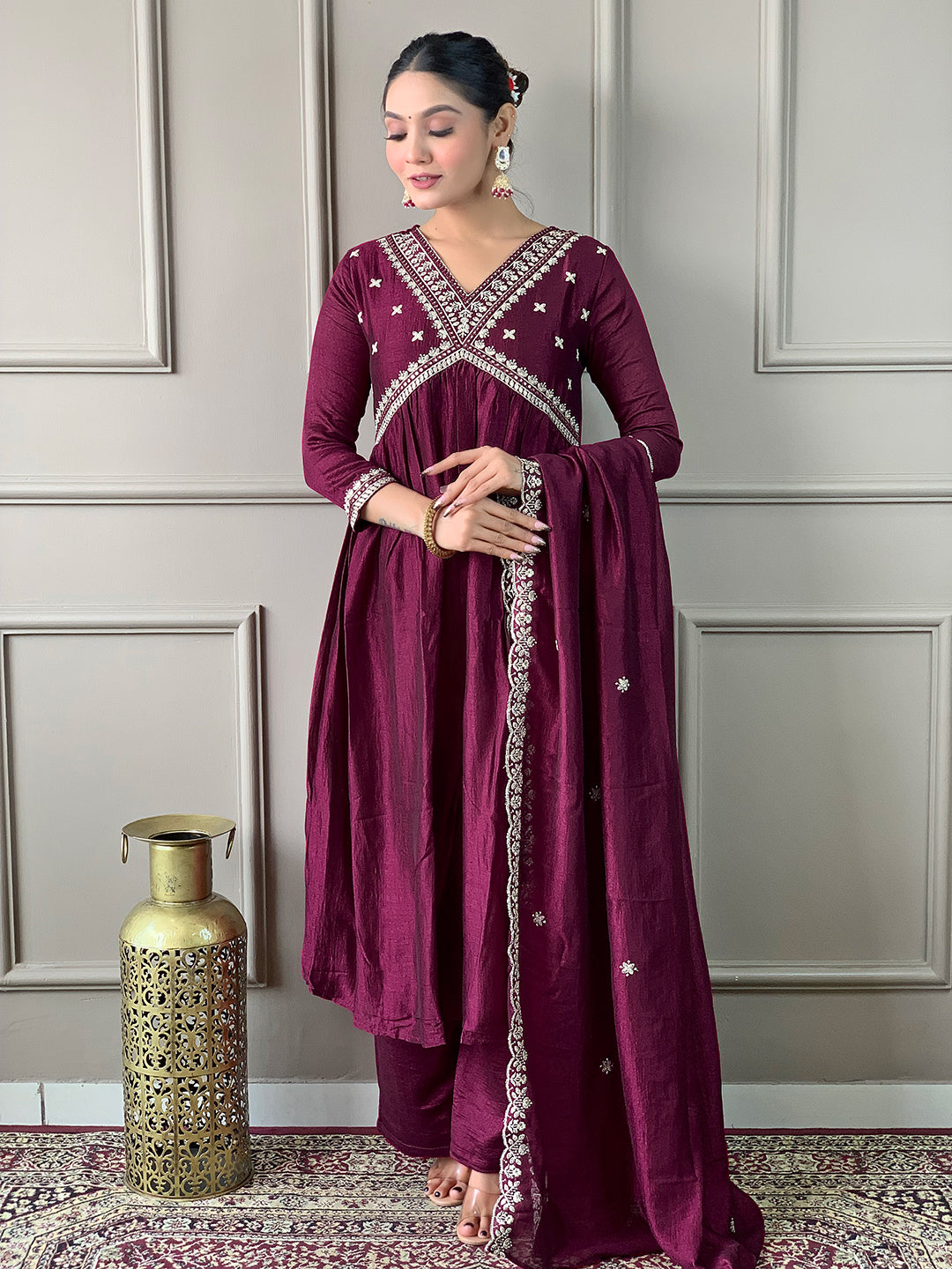 Wedding Wear Wine Color Vichitra Silk Embroidered Flared Kurta With Viscose Silk Pant