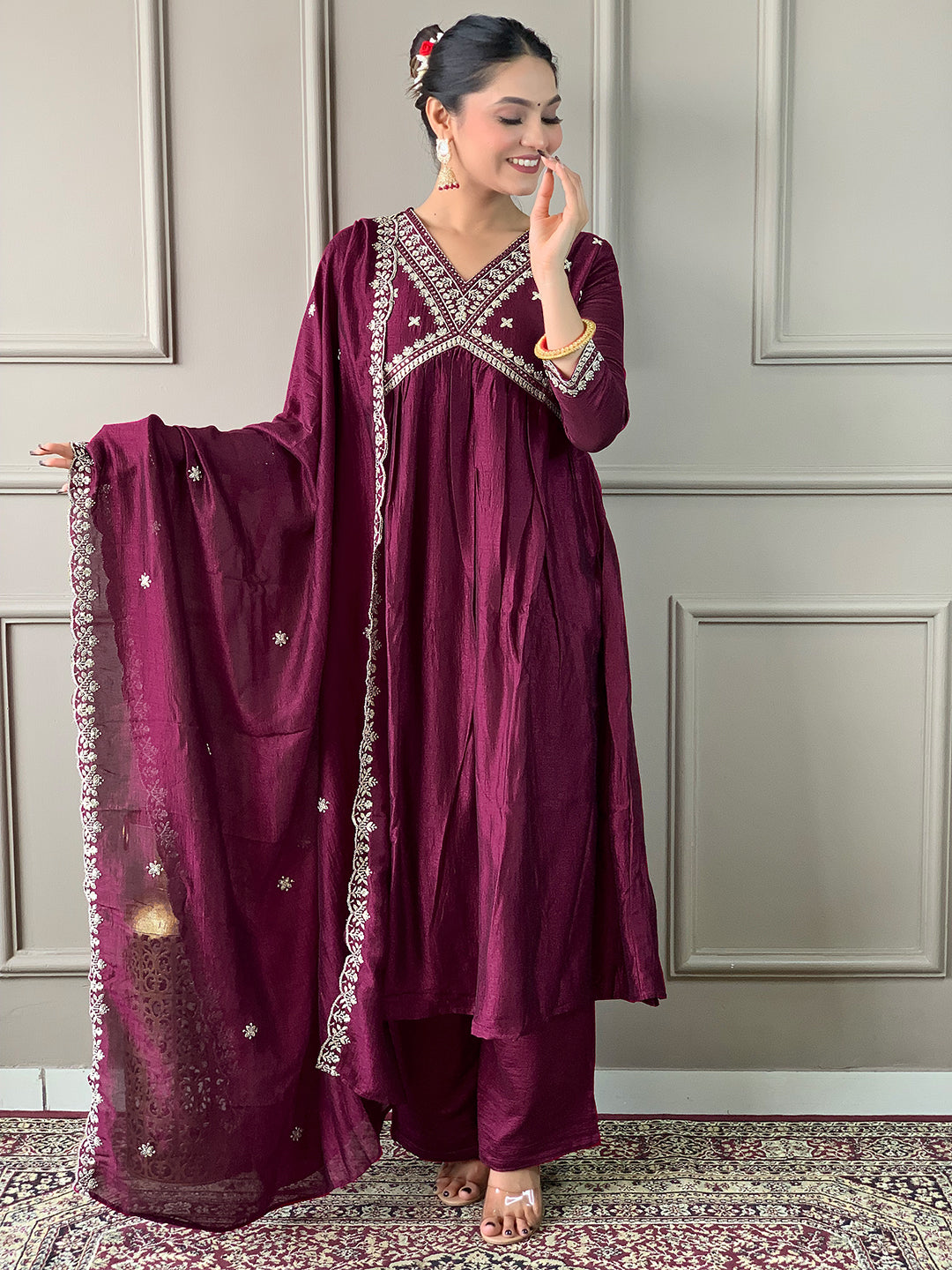 Wedding Wear Wine Color Vichitra Silk Embroidered Flared Kurta With Viscose Silk Pant