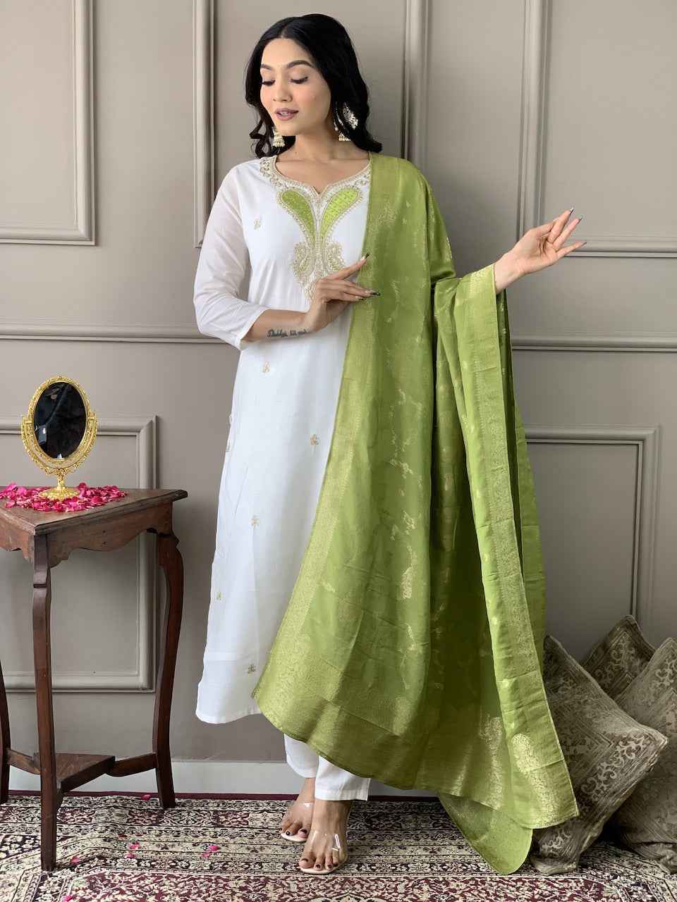Party Wear Off White Viscose Blend With Embroidered Straight Kurta Set