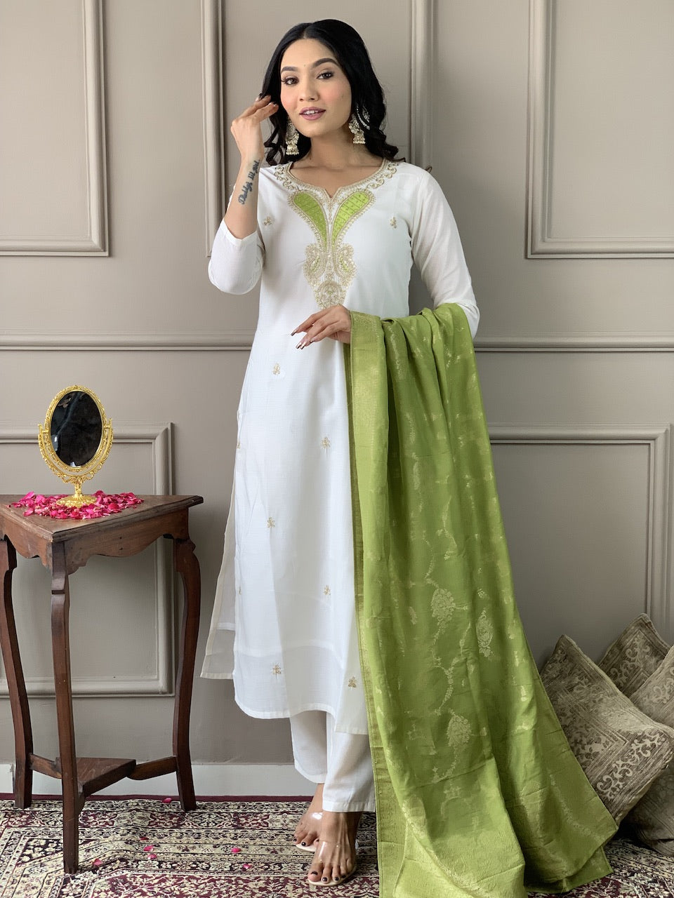 Party Wear Off White Viscose Blend With Embroidered Straight Kurta Set