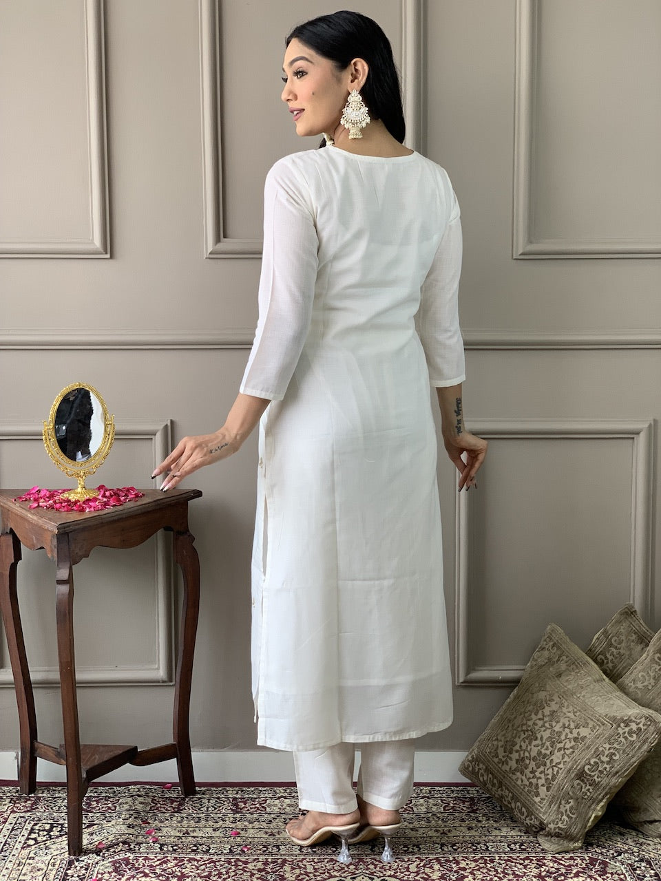 Party Wear Off White Viscose Blend With Embroidered Straight Kurta Set