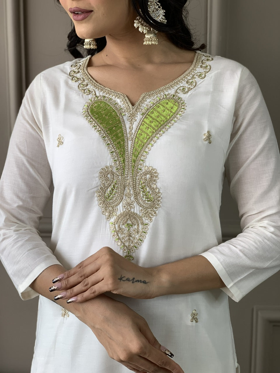 Party Wear Off White Viscose Blend With Embroidered Straight Kurta Set