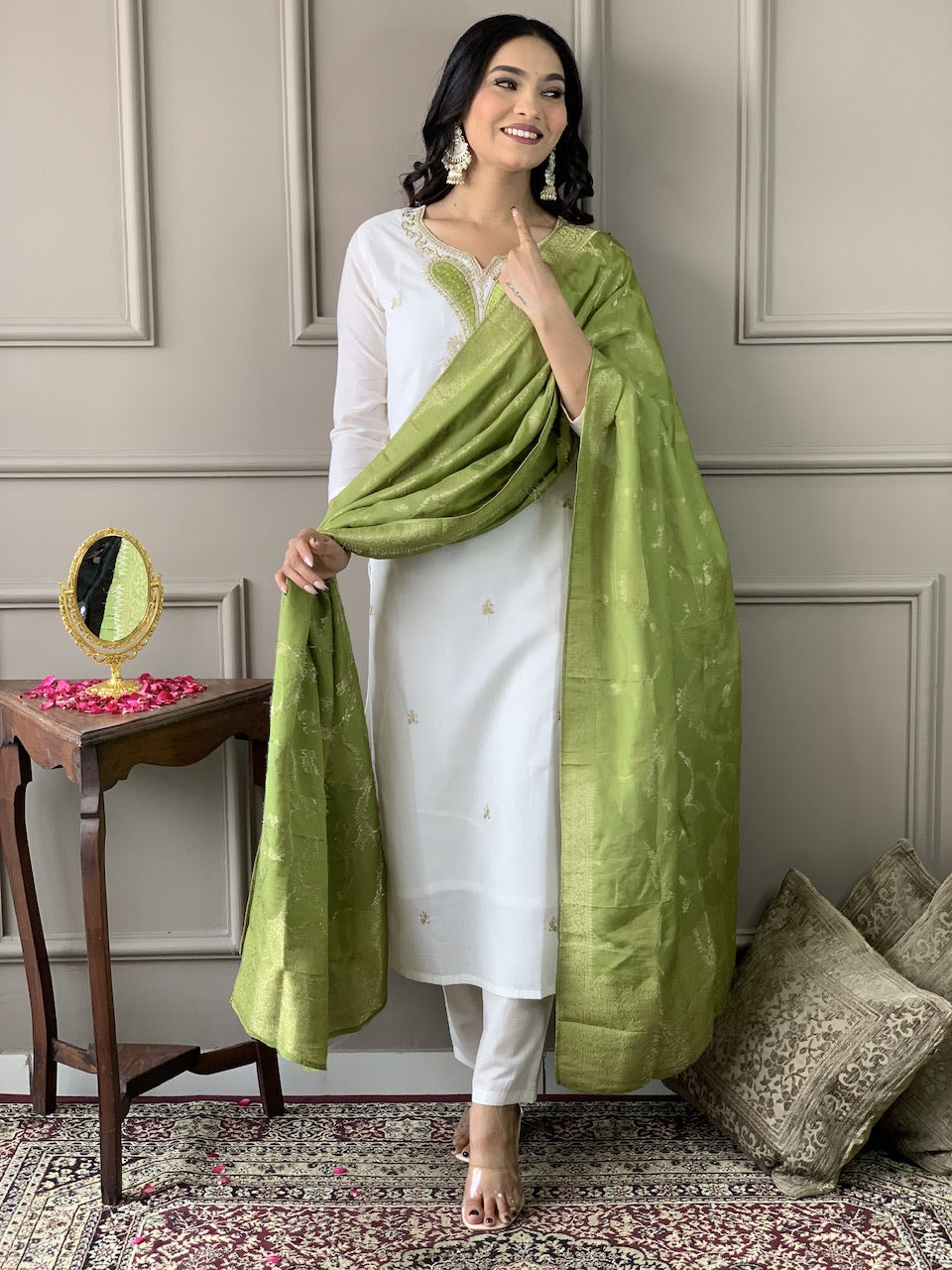 Party Wear Off White Viscose Blend With Embroidered Straight Kurta Set