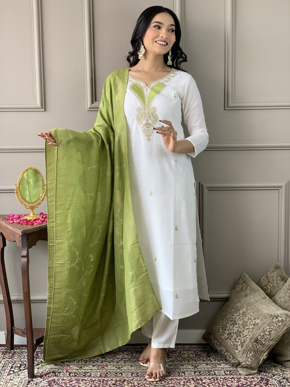 Party Wear Off White Viscose Blend With Embroidered Straight Kurta Set