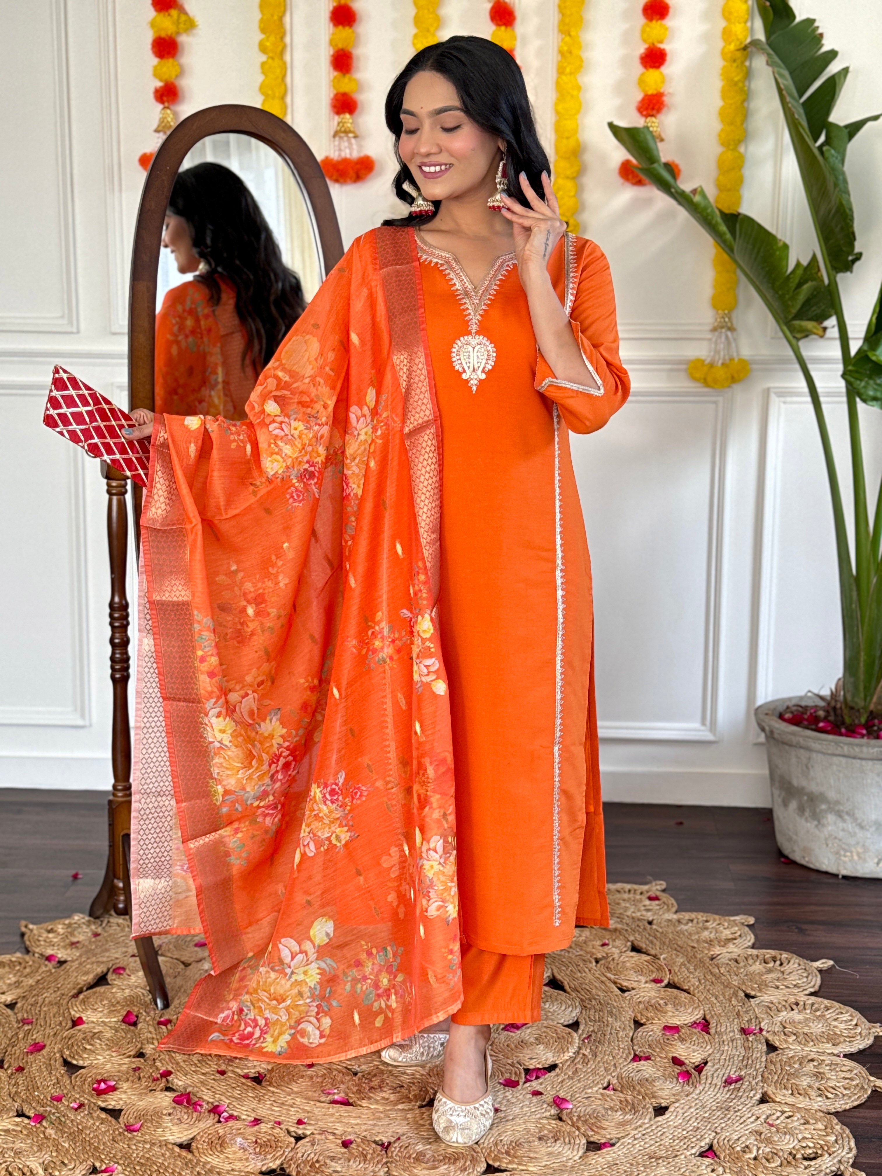 Wedding Wear Orange Viscose Chanderi With Lining Embroidered Straight Kurta Set