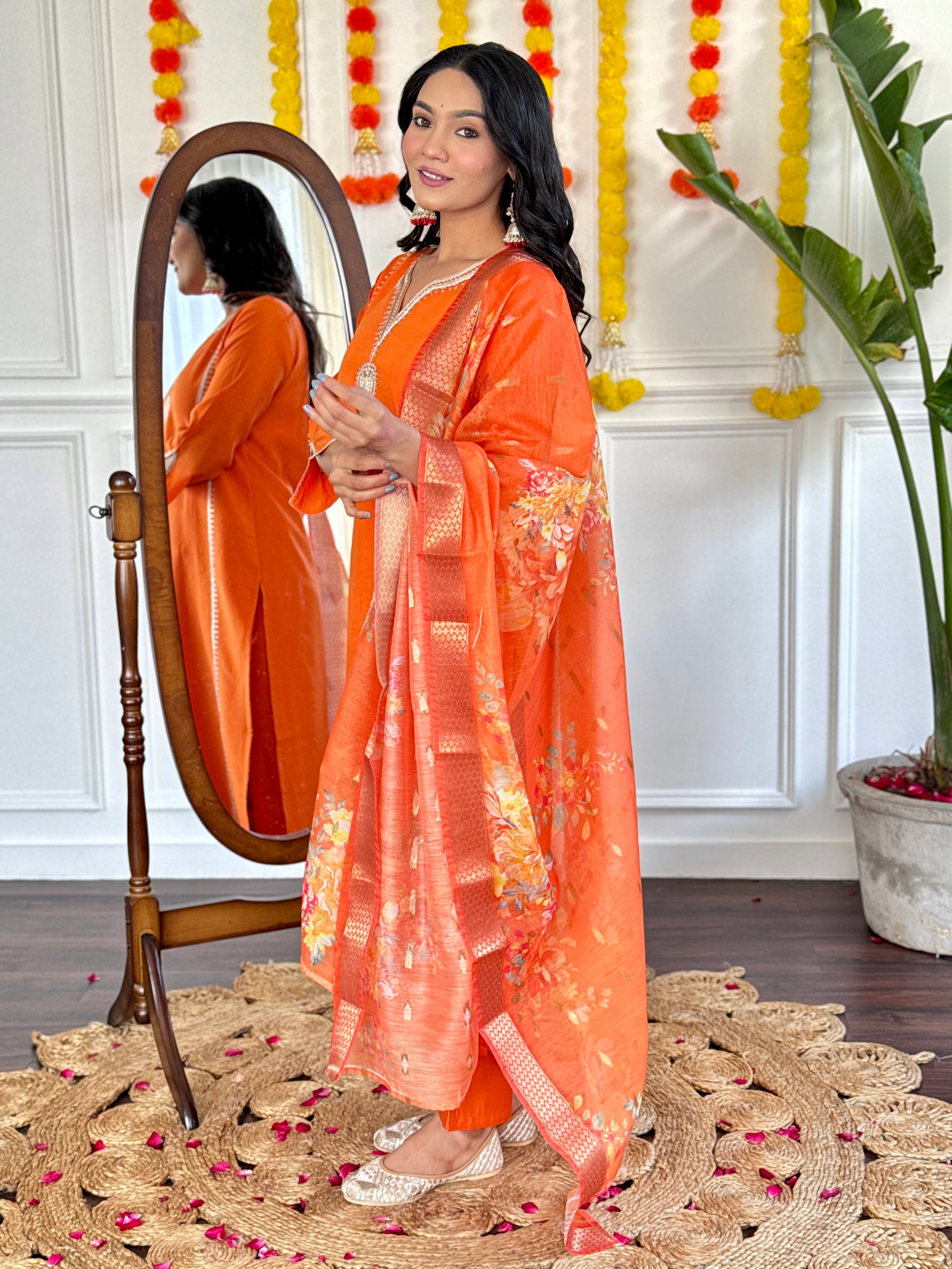 Wedding Wear Orange Viscose Chanderi With Lining Embroidered Straight Kurta Set