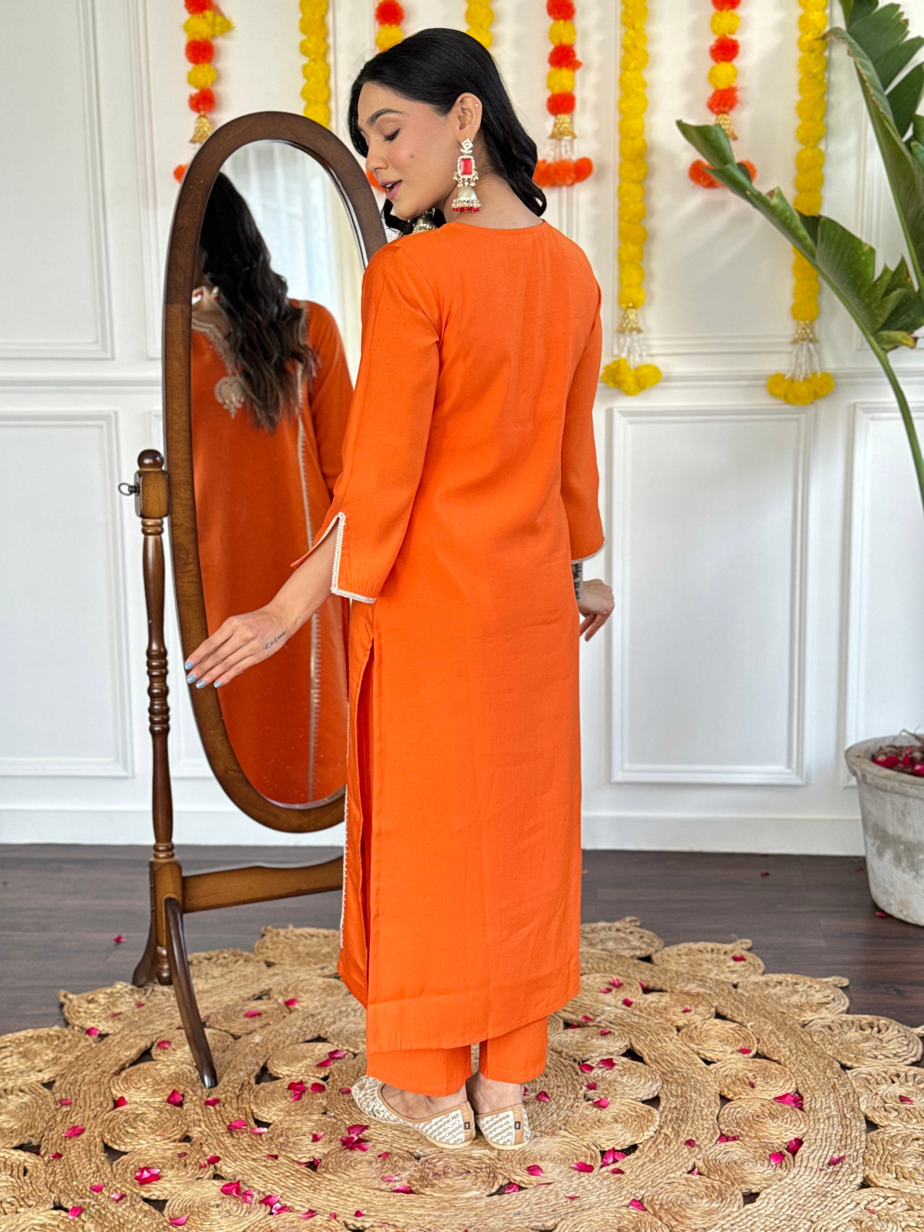 Wedding Wear Orange Viscose Chanderi With Lining Embroidered Straight Kurta Set