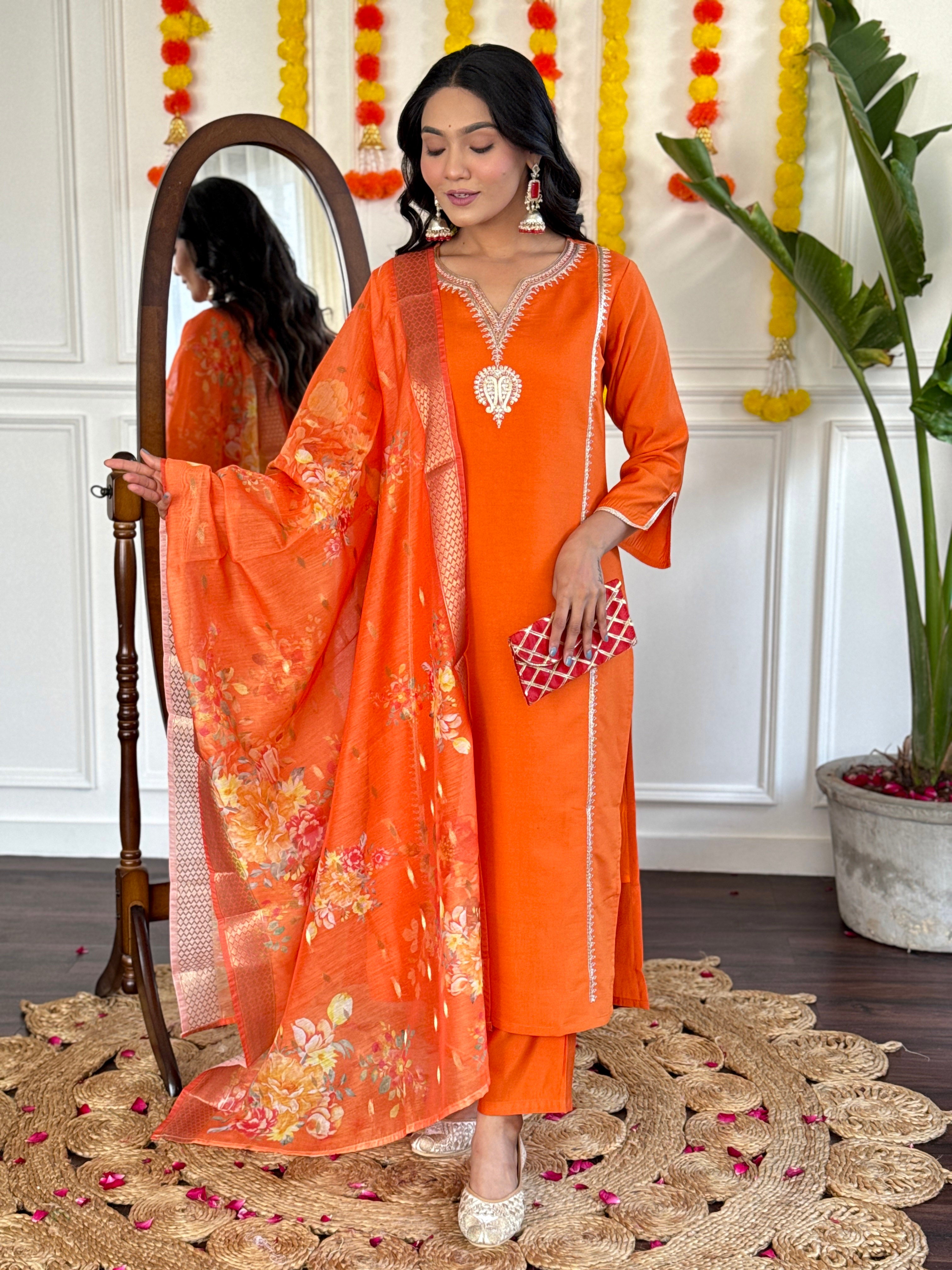 Wedding Wear Orange Viscose Chanderi With Lining Embroidered Straight Kurta Set