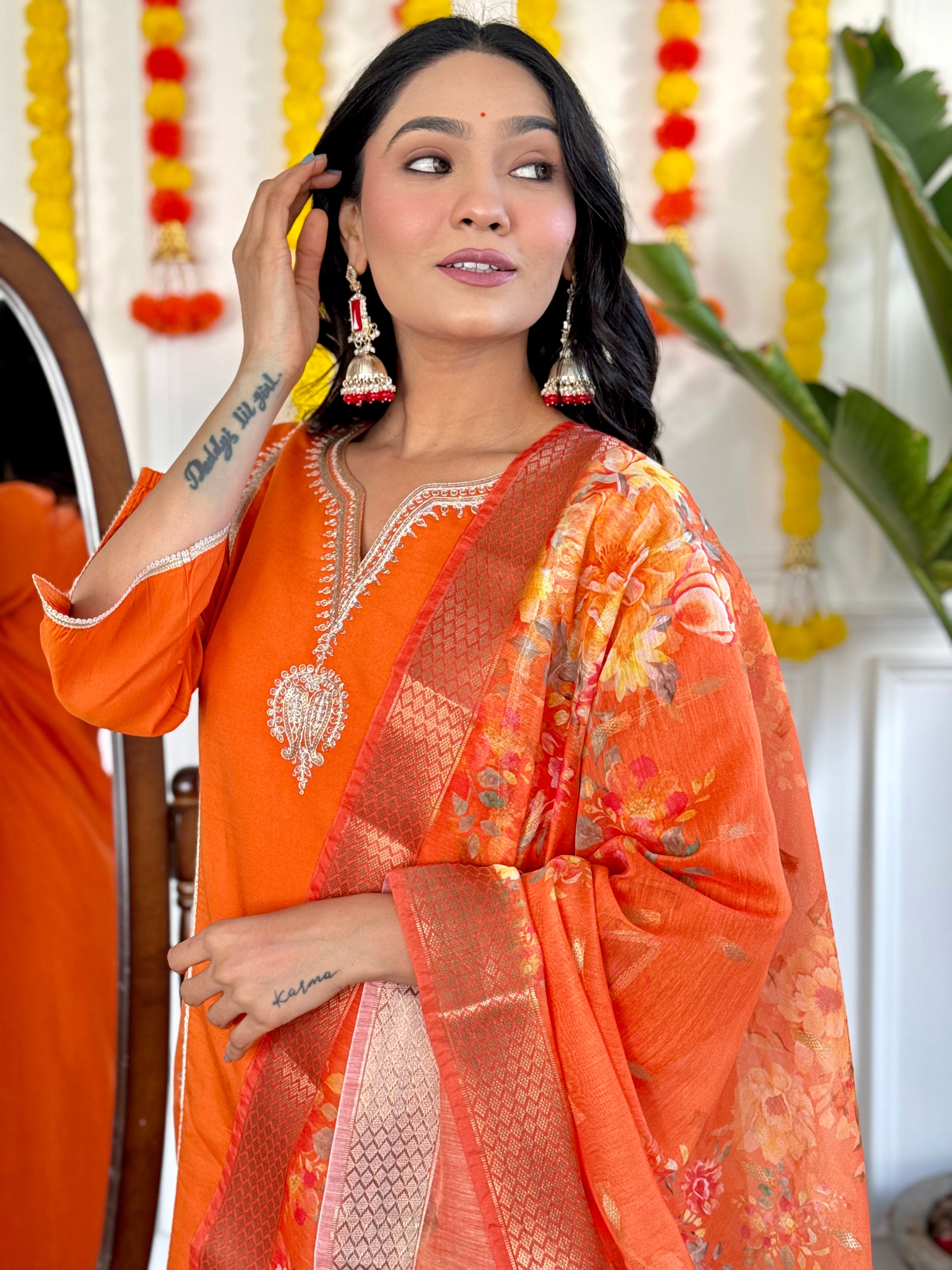 Wedding Wear Orange Viscose Chanderi With Lining Embroidered Straight Kurta Set