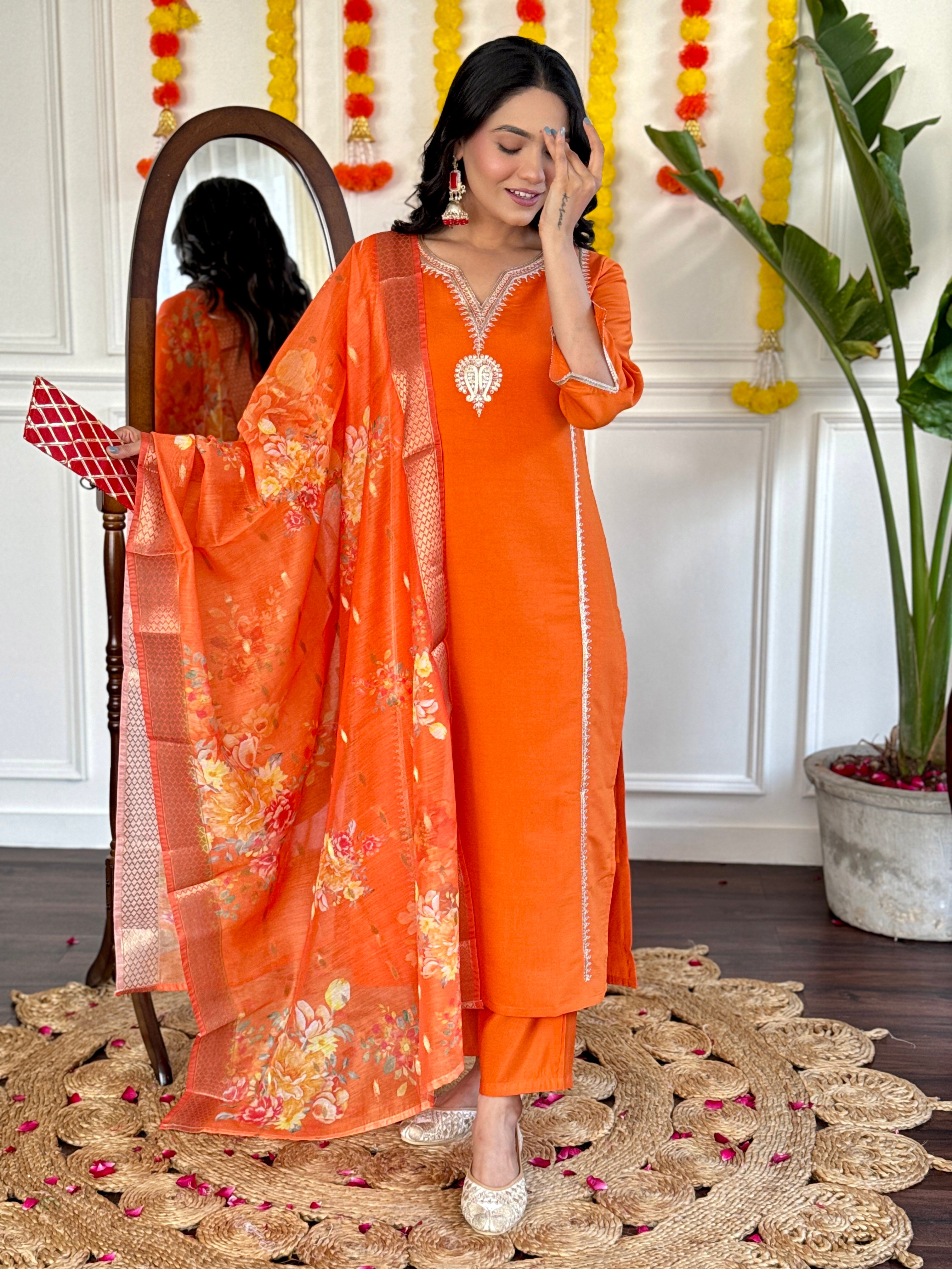 Wedding Wear Orange Viscose Chanderi With Lining Embroidered Straight Kurta Set