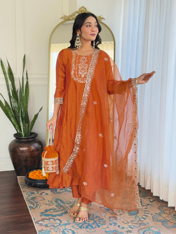 Luxuriant Orange Color Vichitra Silk Embroidered Straight Kurta Set