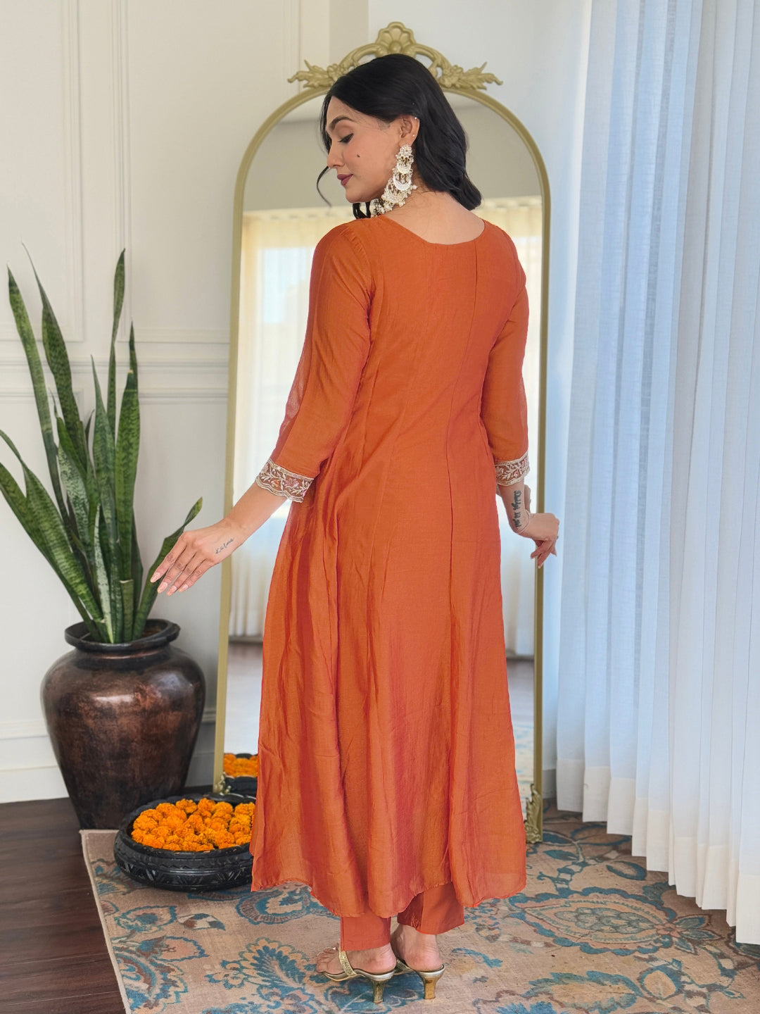 Luxuriant Orange Color Vichitra Silk Embroidered Straight Kurta Set