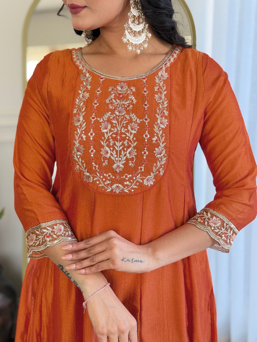 Luxuriant Orange Color Vichitra Silk Embroidered Straight Kurta Set