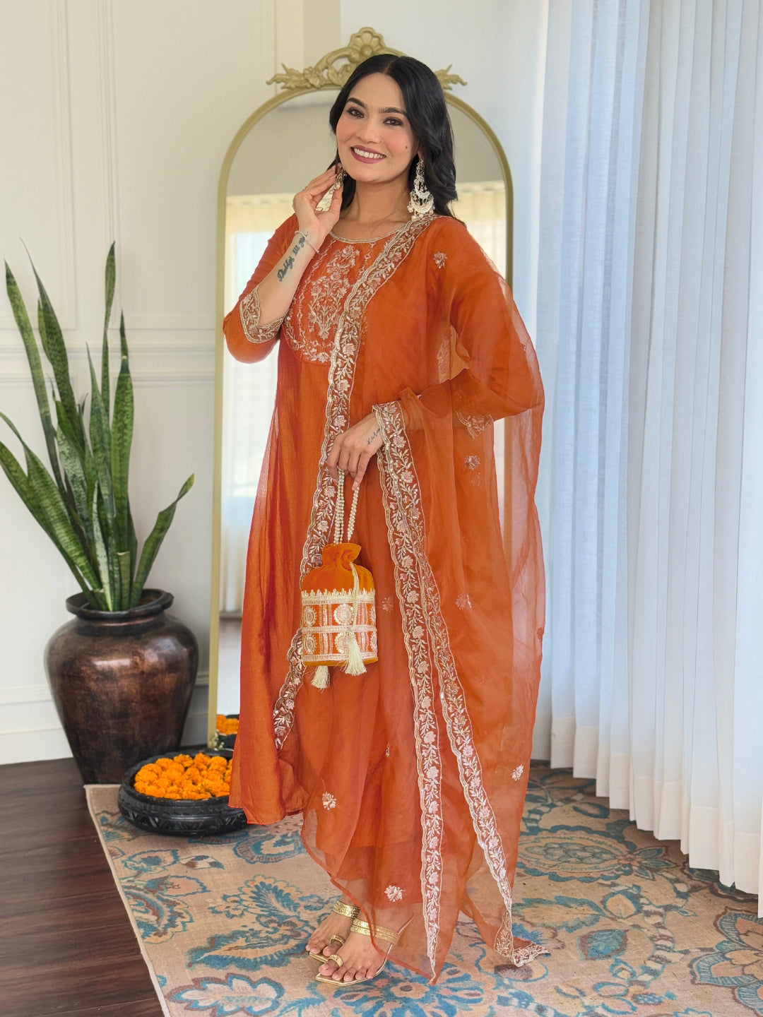 Luxuriant Orange Color Vichitra Silk Embroidered Straight Kurta Set