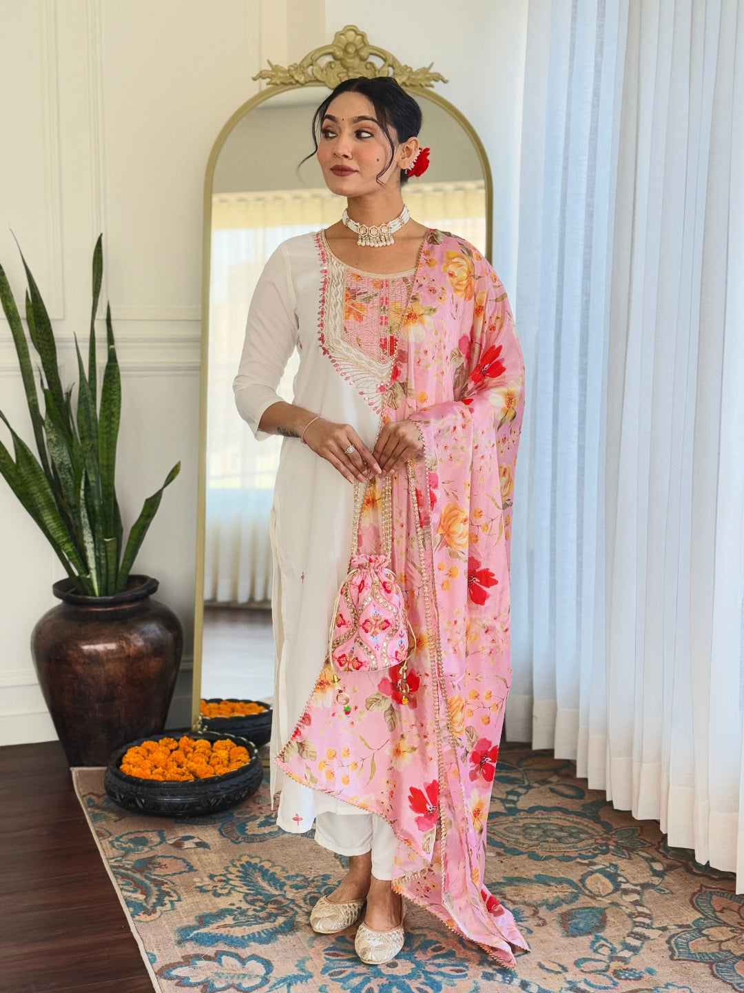 Glorious Off White Color Rayon With Inner Embroidered Straight Kurta Set