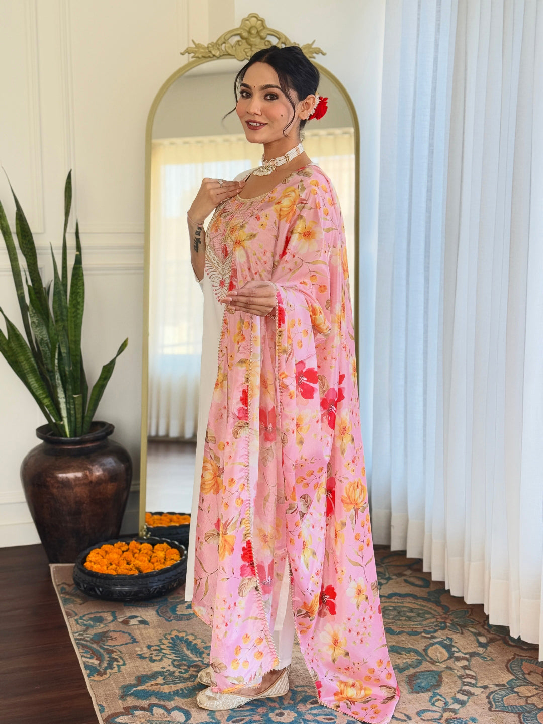 Glorious Off White Color Rayon With Inner Embroidered Straight Kurta Set