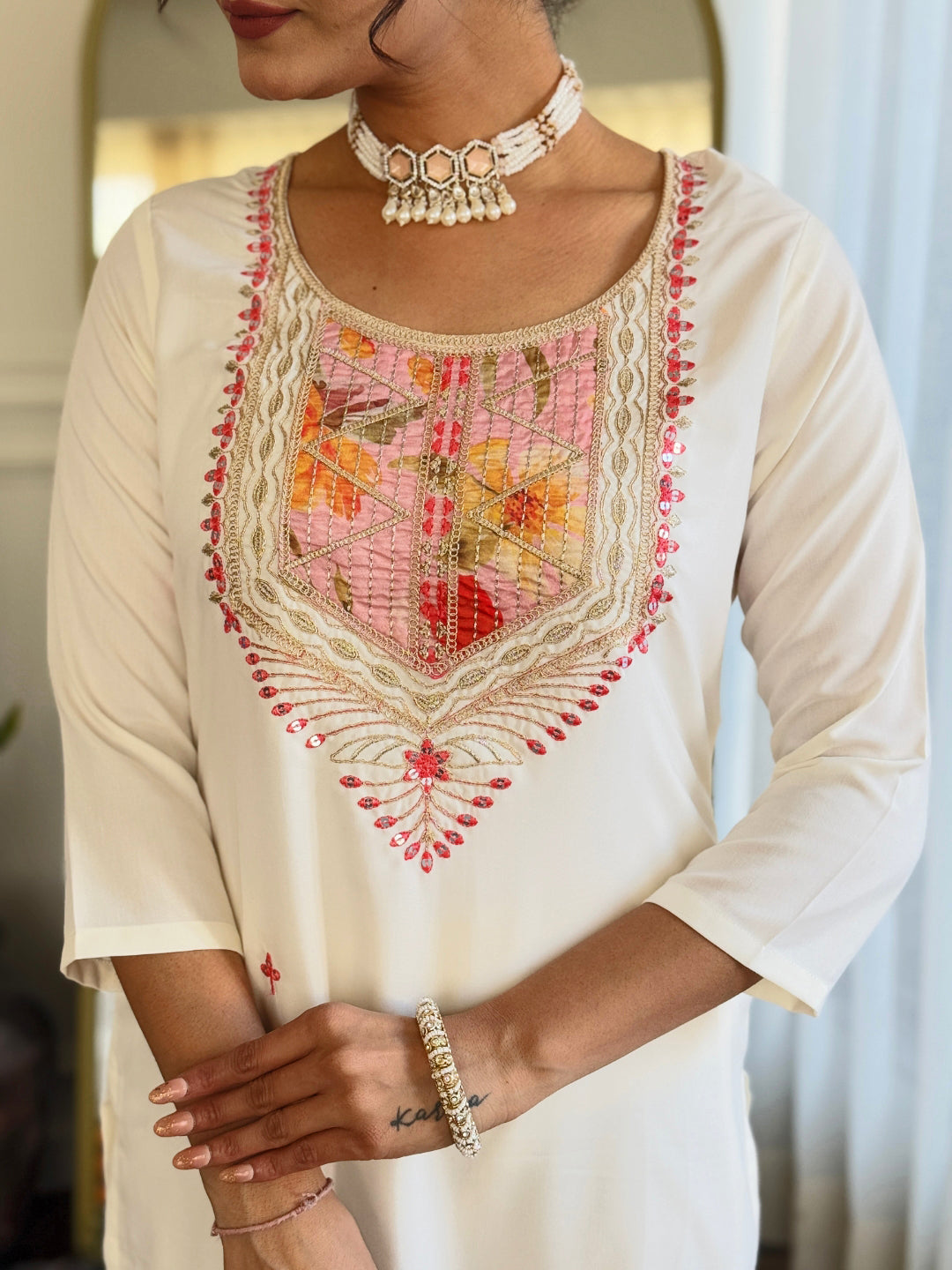 Glorious Off White Color Rayon With Inner Embroidered Straight Kurta Set