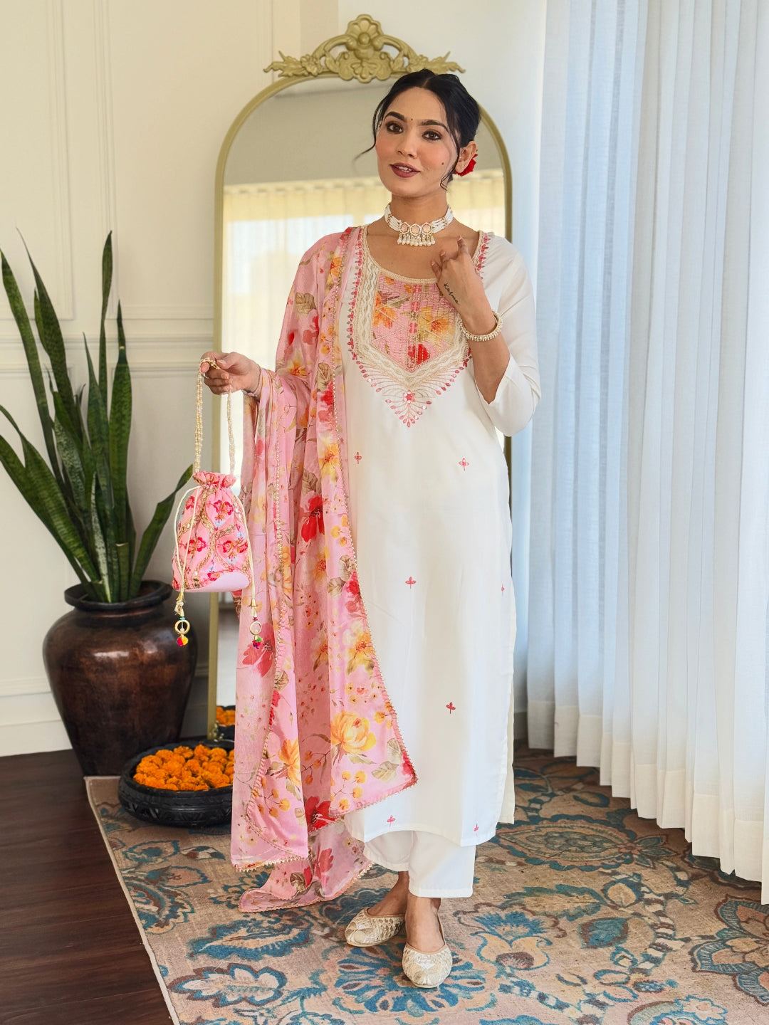Glorious Off White Color Rayon With Inner Embroidered Straight Kurta Set
