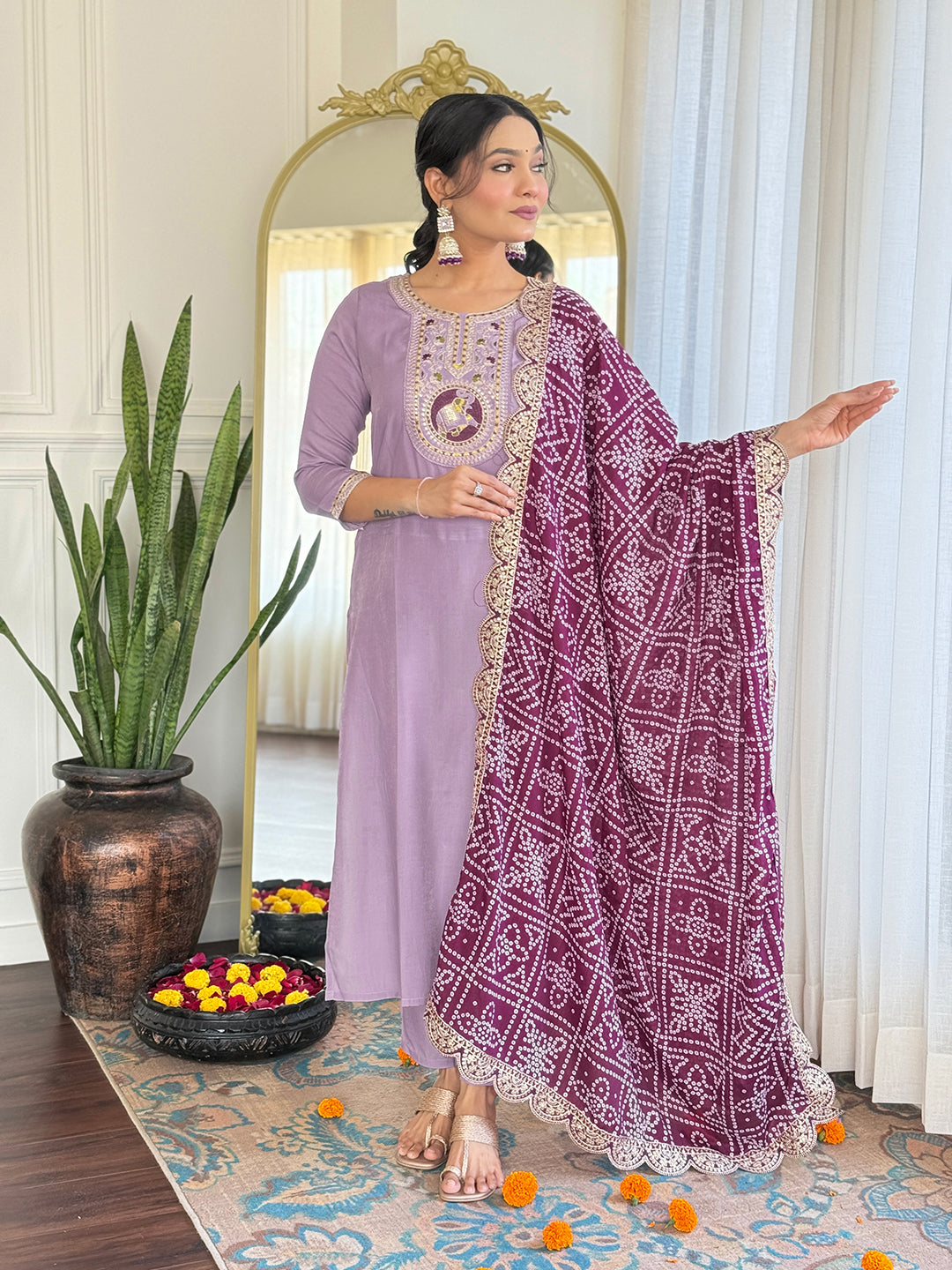 Beautiful Lavender Color Rayon Embroidered Straight Kurta With Pant And Organza Jacquard Dupatta Sets